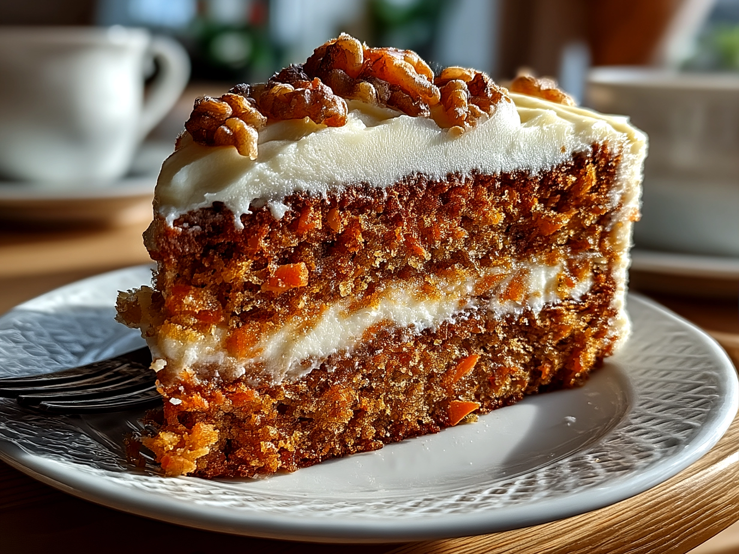 Close-up of a finished comforting carrot cake served in a kitchen setting