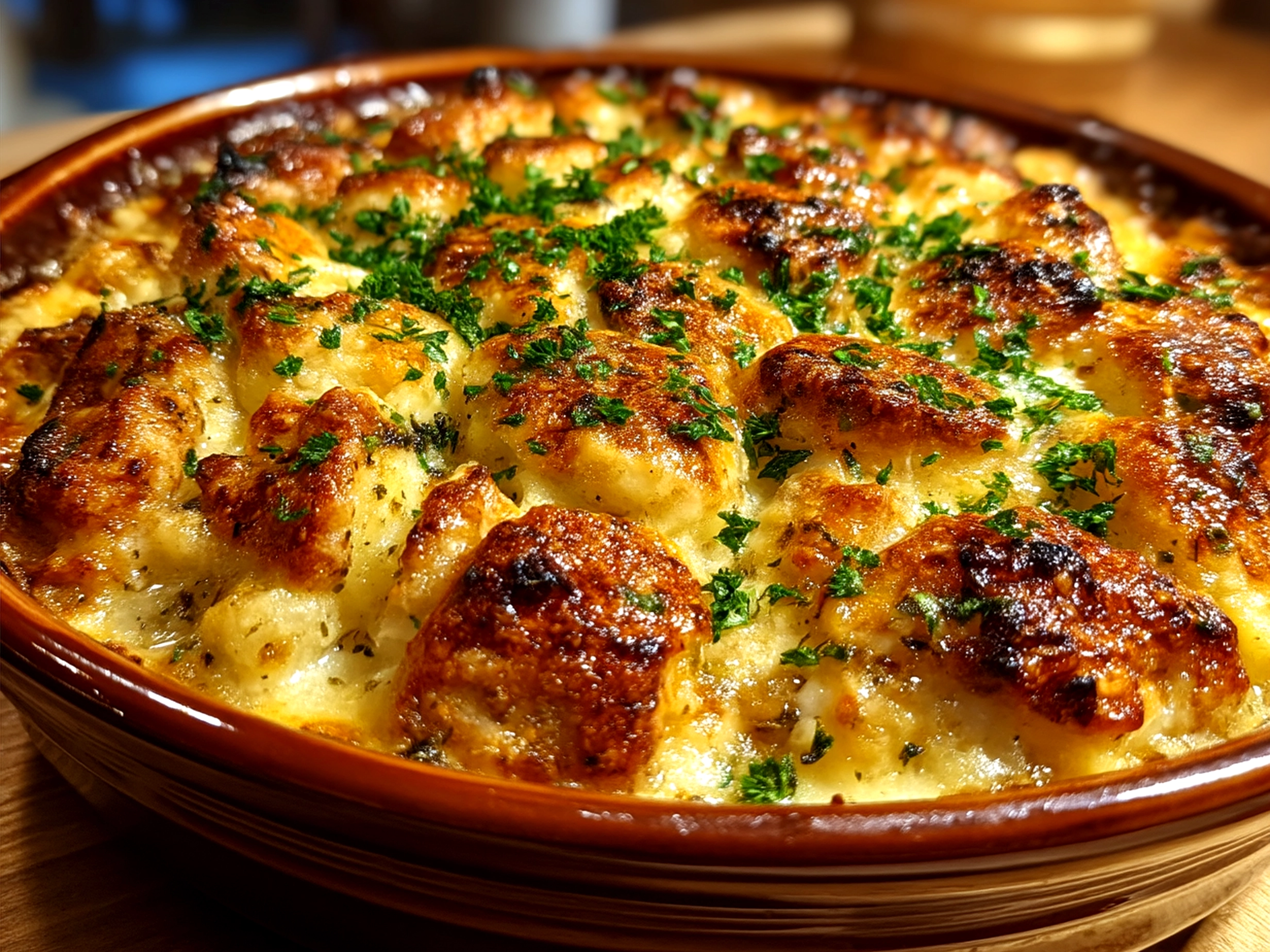 Baked Cheesy Dumpling Casserole served on a plate with side salad