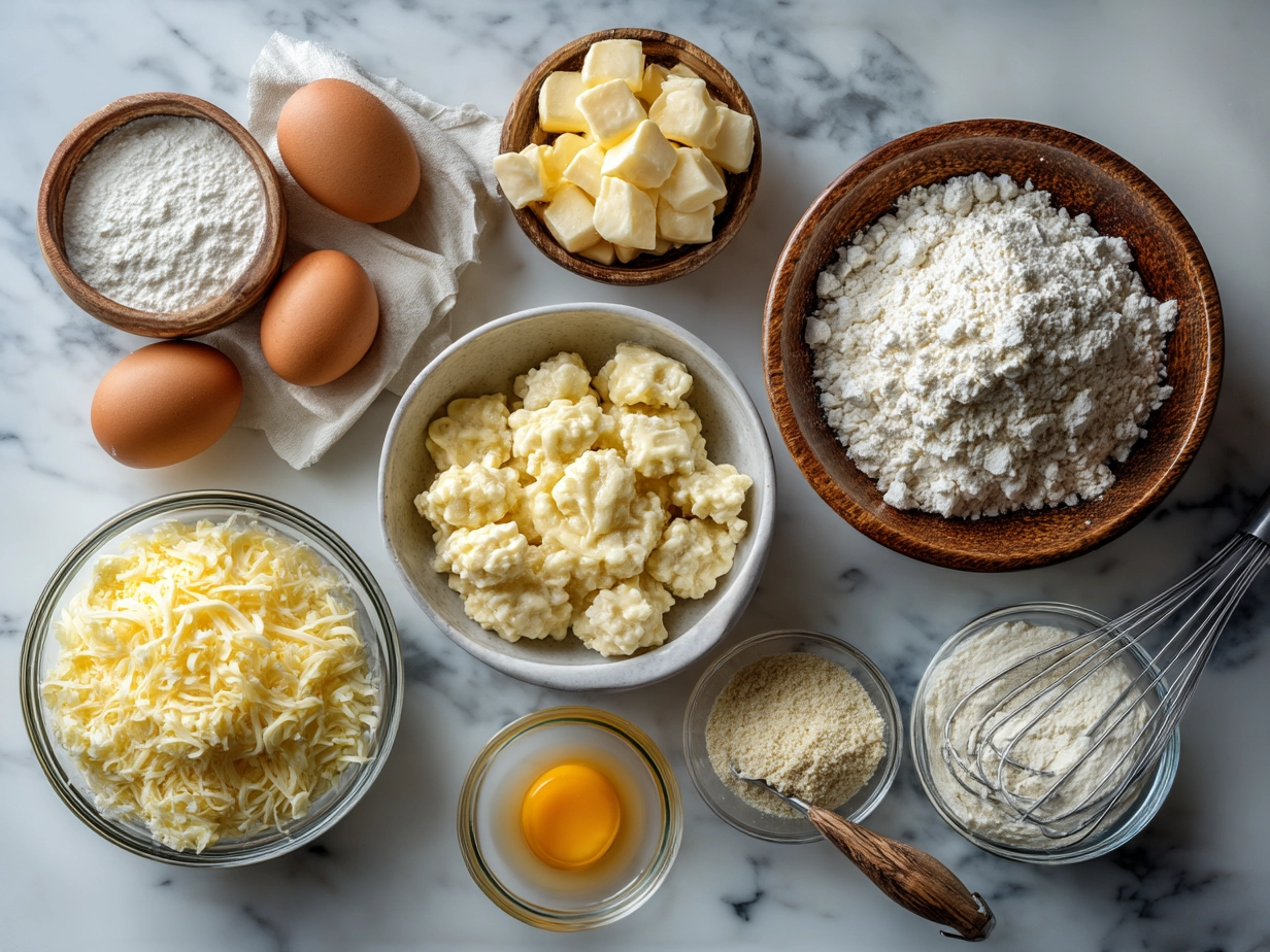 Ingredients for Baked Cheesy Dumpling Casserole laid out
