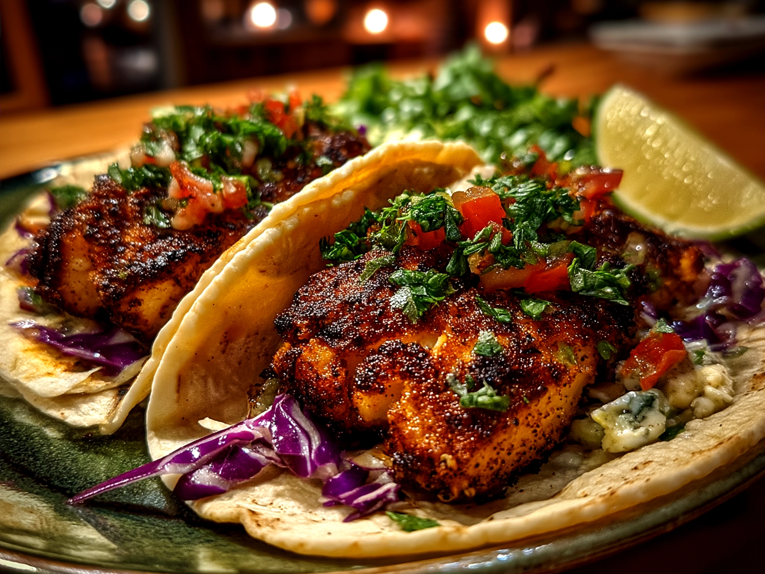 Plated baked fish tacos served with sides and toppings