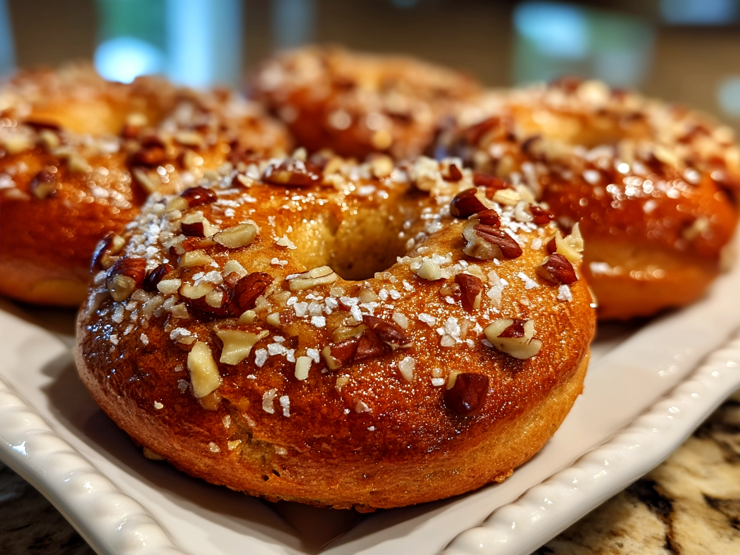 Freshly baked Banana Nut Bagels served on a plate with cream cheese