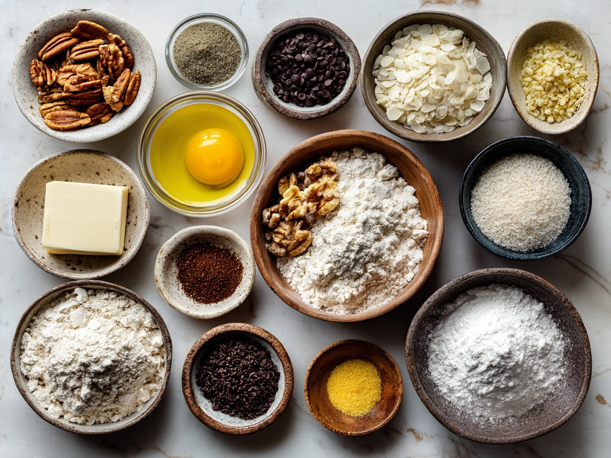 Ingredients for Banana Nut Bagels including bananas, nuts, flour, and other baking essentials