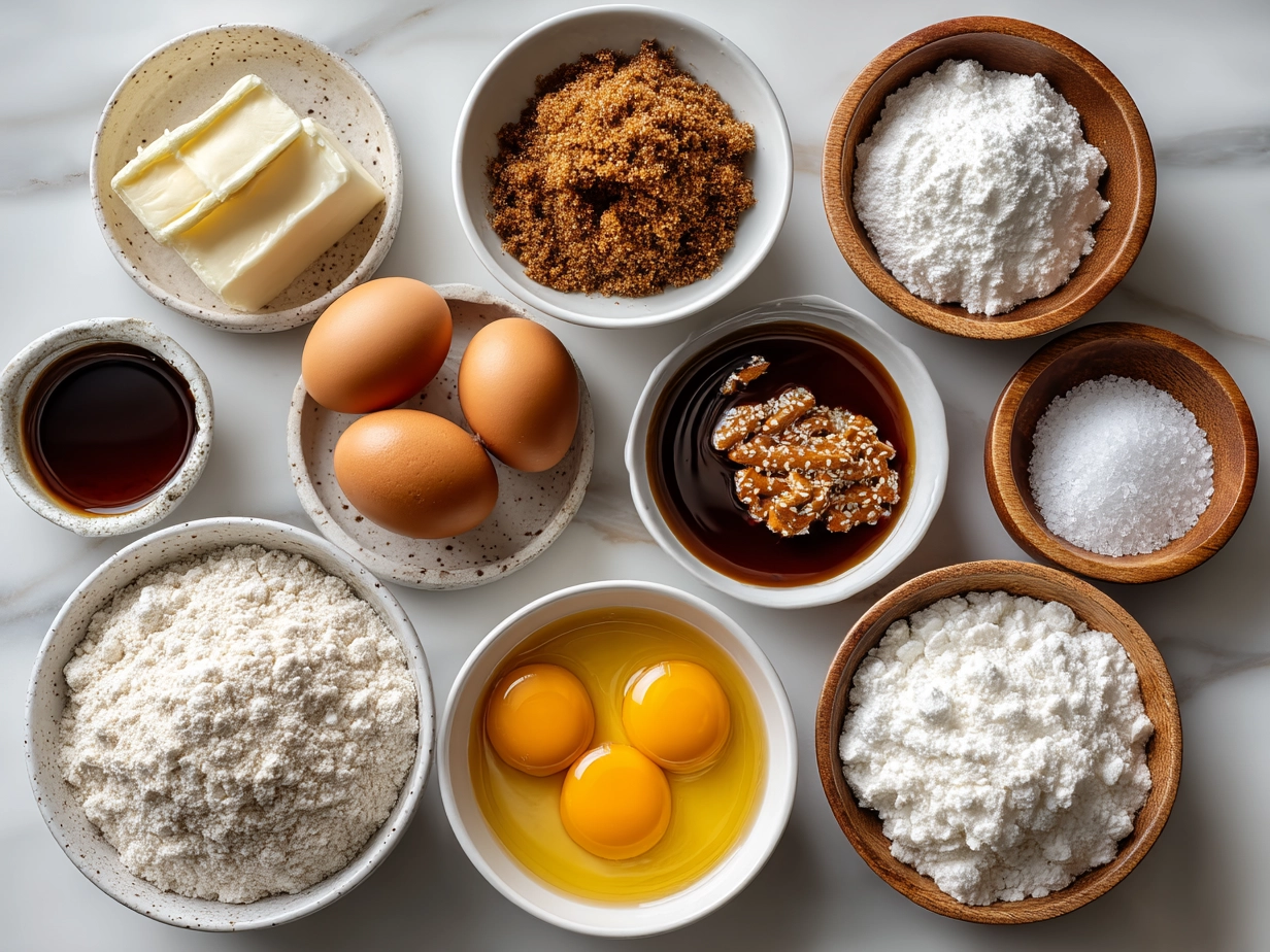 Ingredients laid out for Basketball Pretzel Cookies including whole wheat flour, coconut oil, pretzels and chocolate chips
