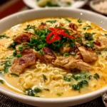 Beautiful creamy garlic chicken ramen in a rustic bowl