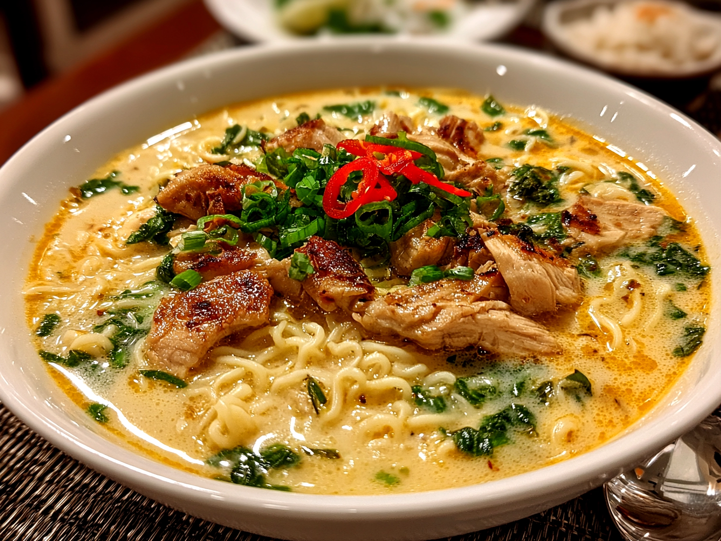 Beautiful creamy garlic chicken ramen in a rustic bowl