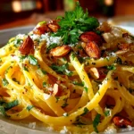 Beautiful creamy roast garlic and lemon pasta sauce plated