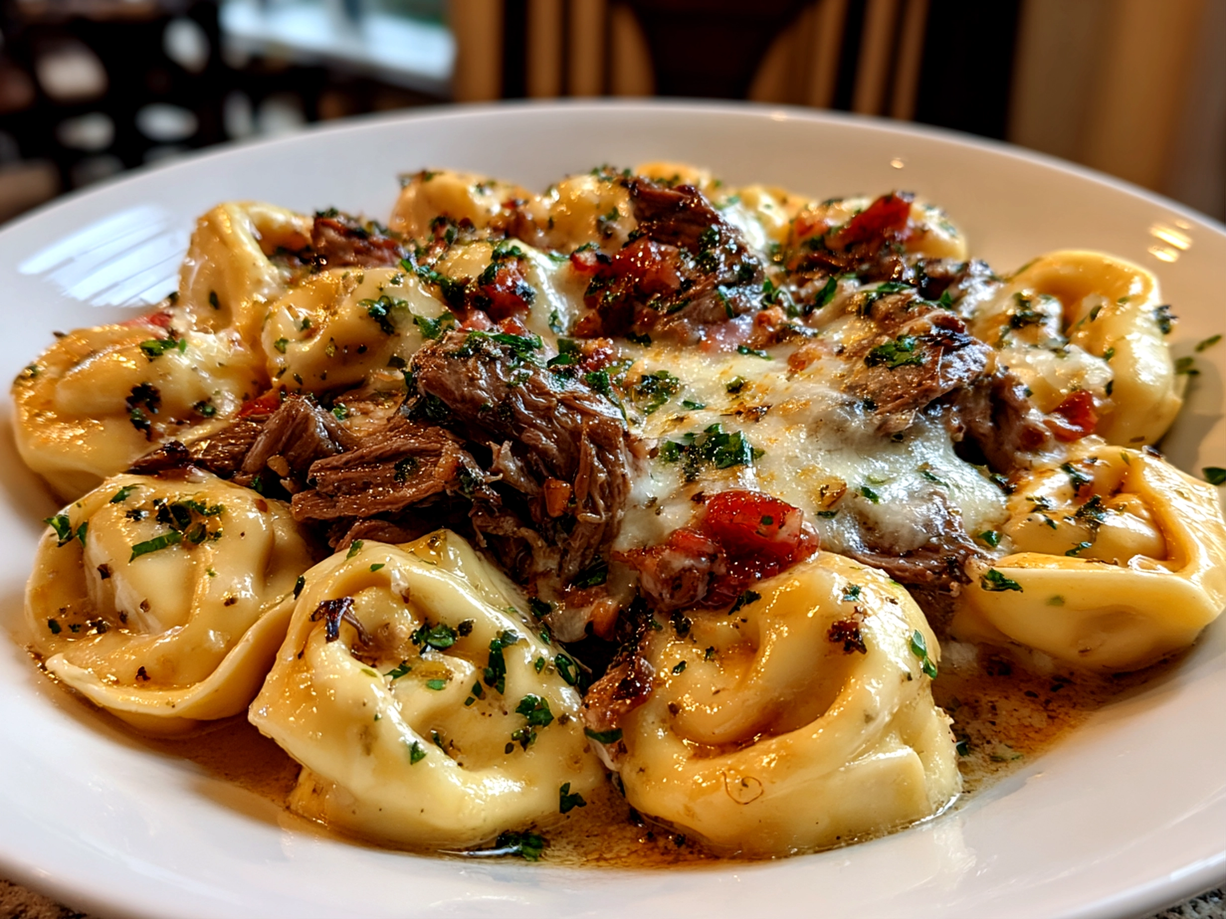 Beautiful Crock Pot Cheesesteak Tortellini served on white plate