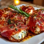Beautiful freshly prepared Prosciutto Wrapped Mozzarella Bites plated on white dish
