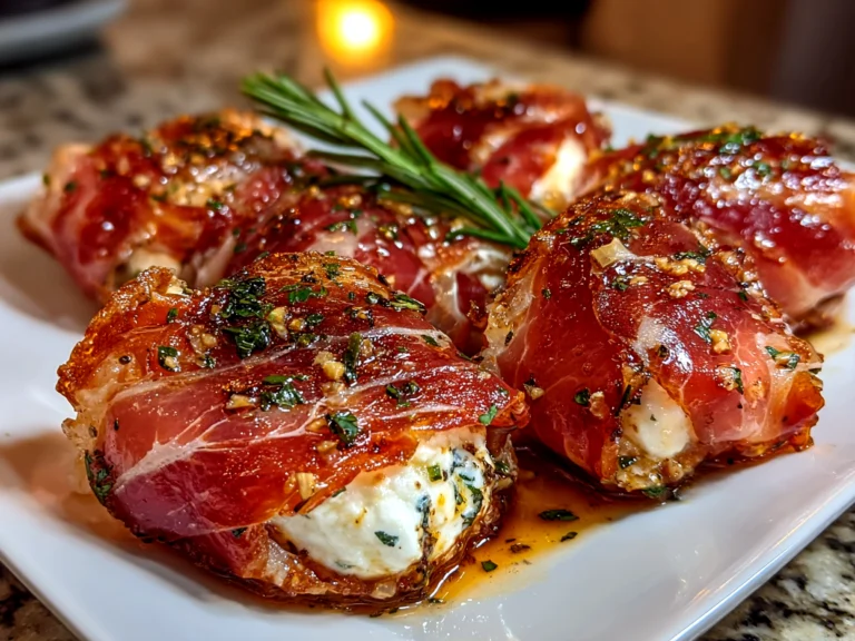 Beautiful freshly prepared Prosciutto Wrapped Mozzarella Bites plated on white dish