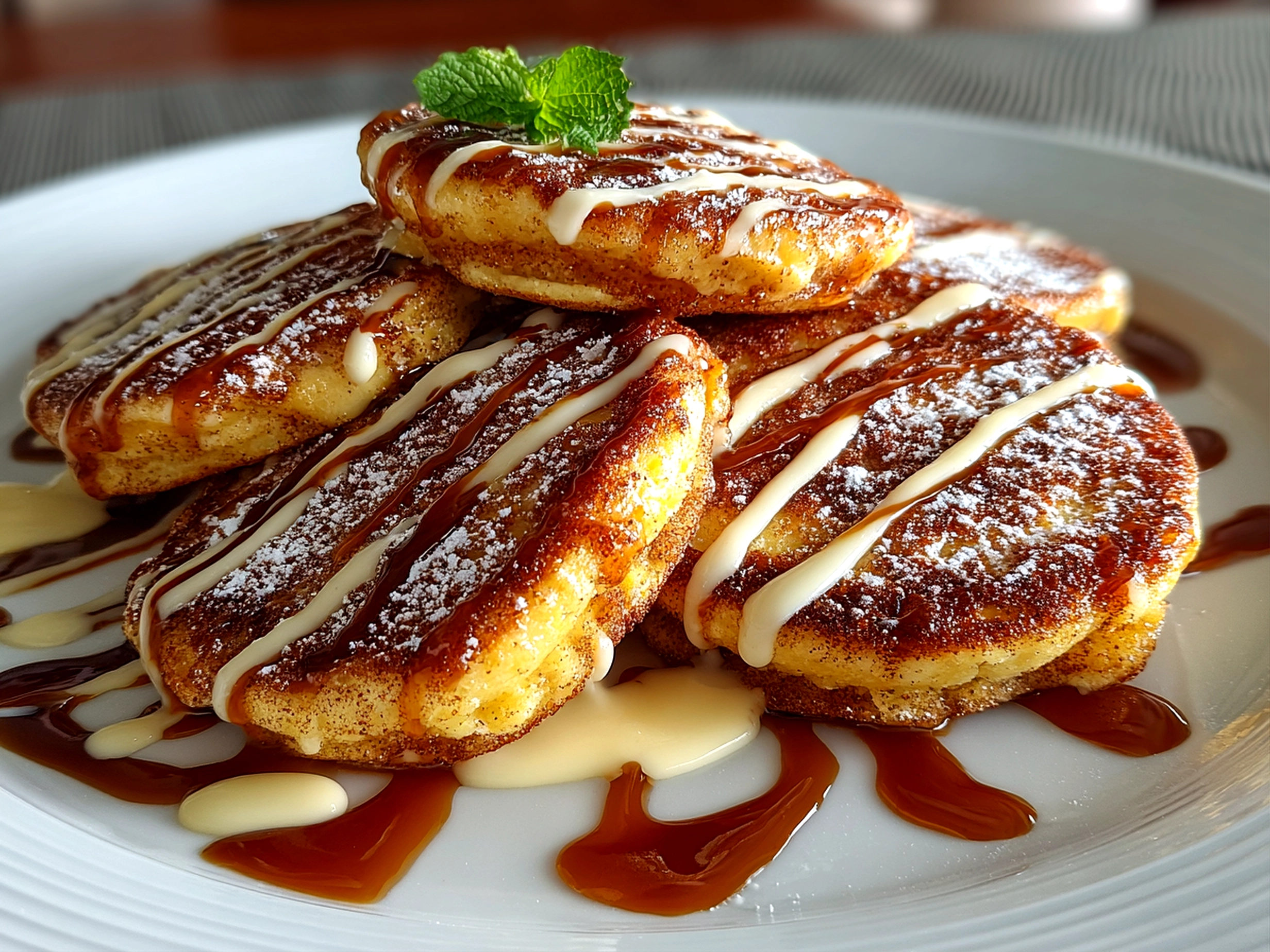 Beautiful homemade Spanish Churro-Inspired Pancakes served on a white plate