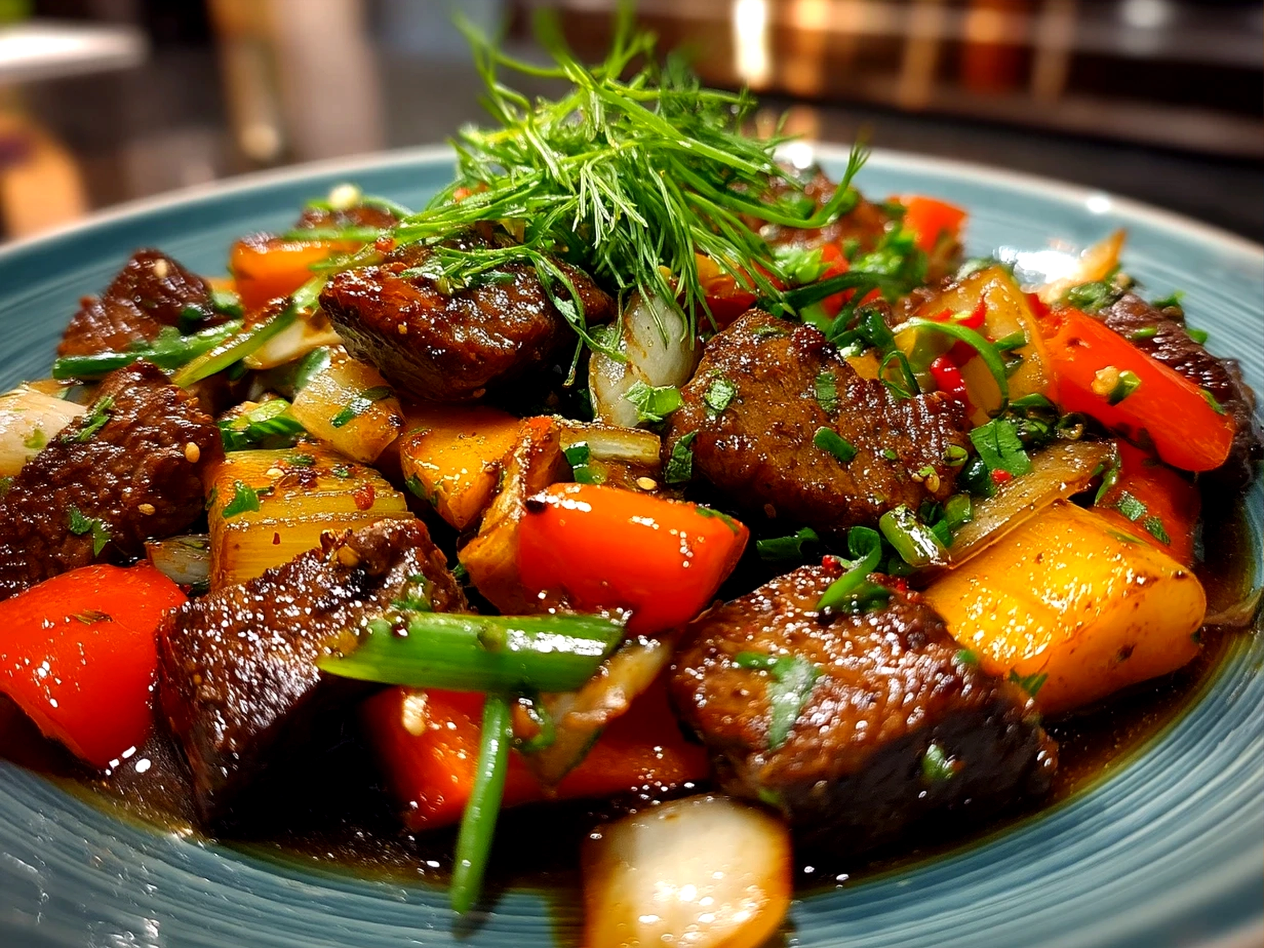 Finished Beef Stir Fry served with rice and garnished with sesame seeds