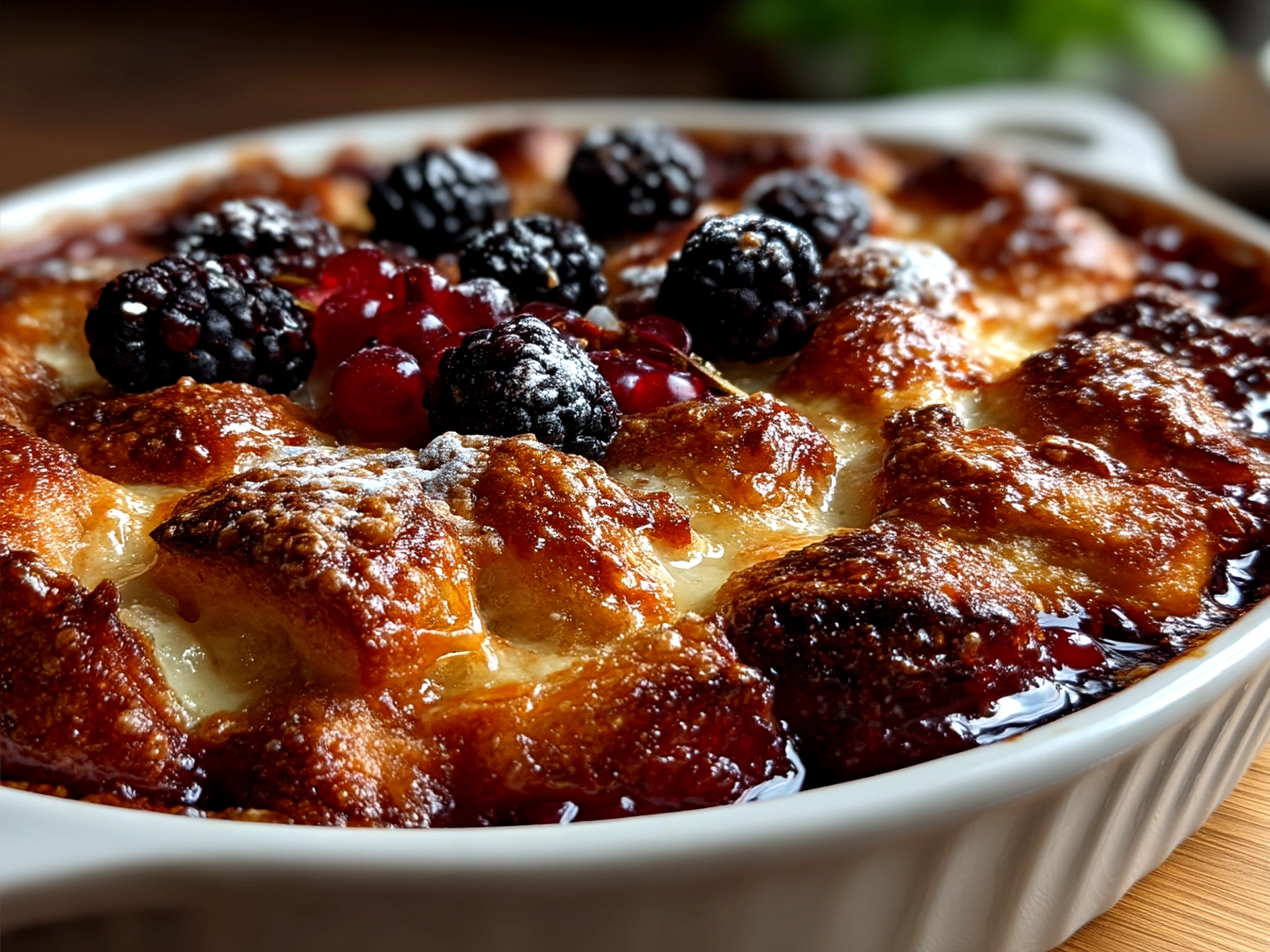 Serving of Berry Croissant Bake garnished with fresh berries on a plate