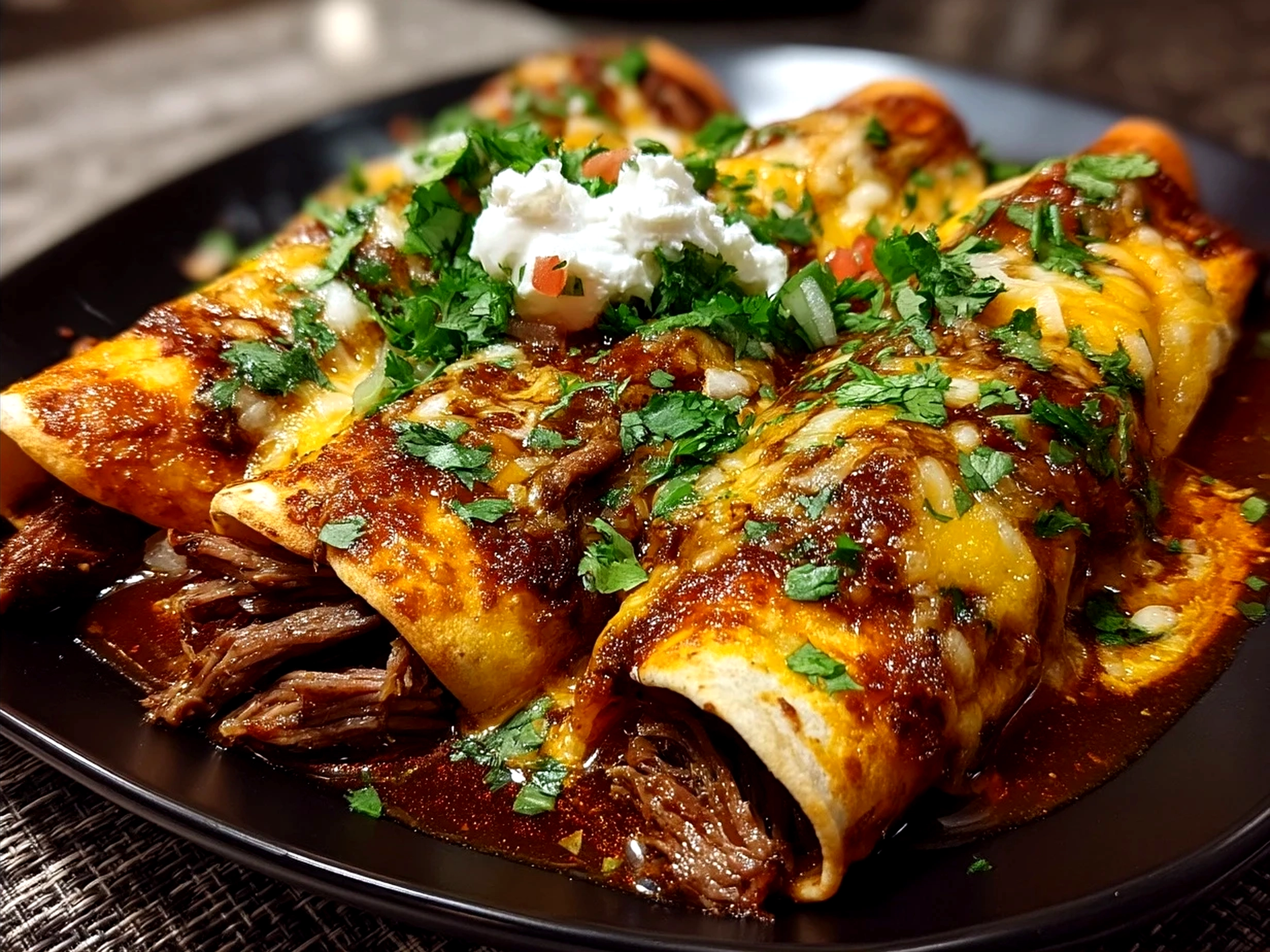 Plated Birria Enchiladas served with fresh cilantro and lime wedges