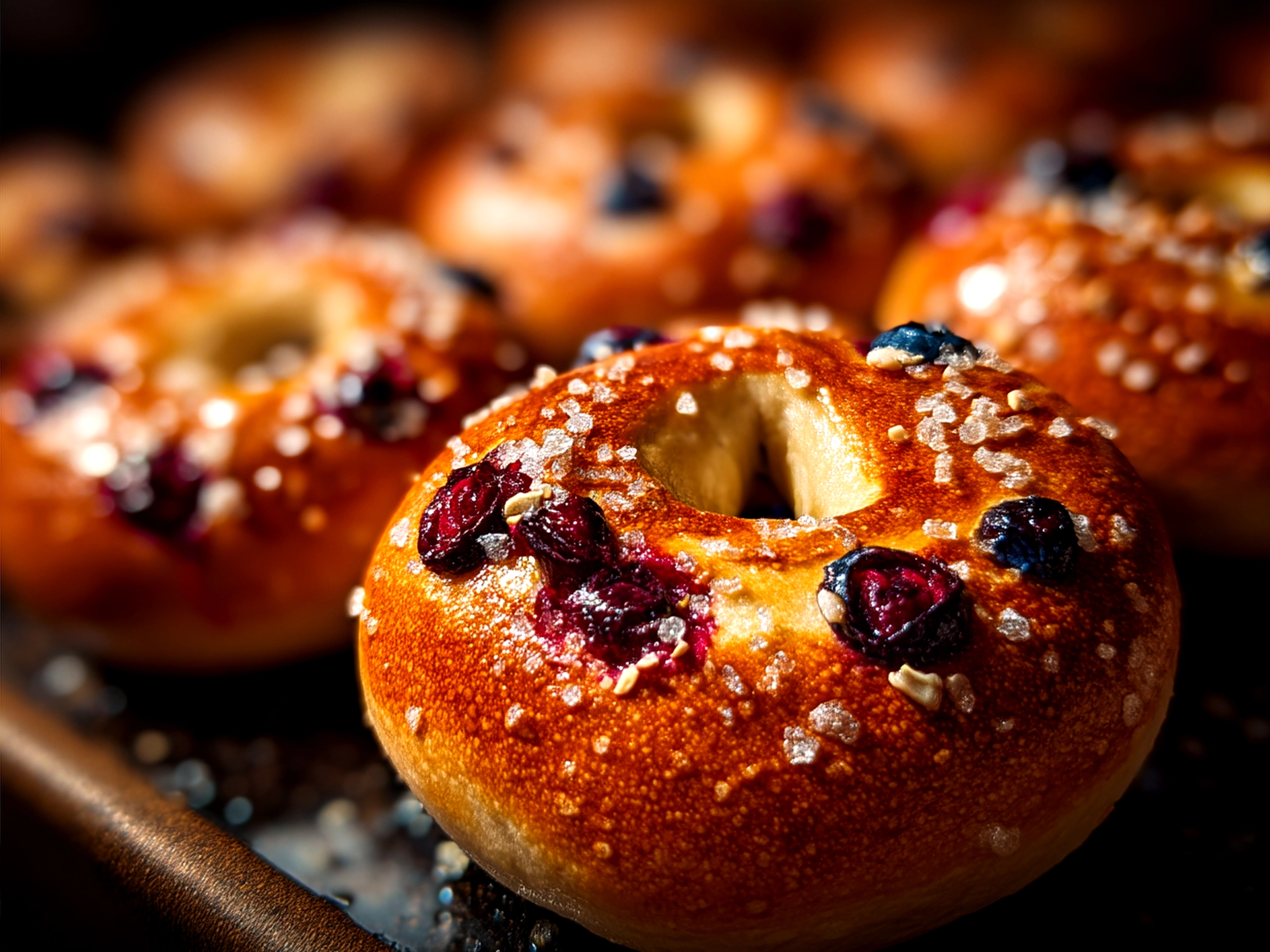Freshly baked homemade Blueberry Bagels served for breakfast