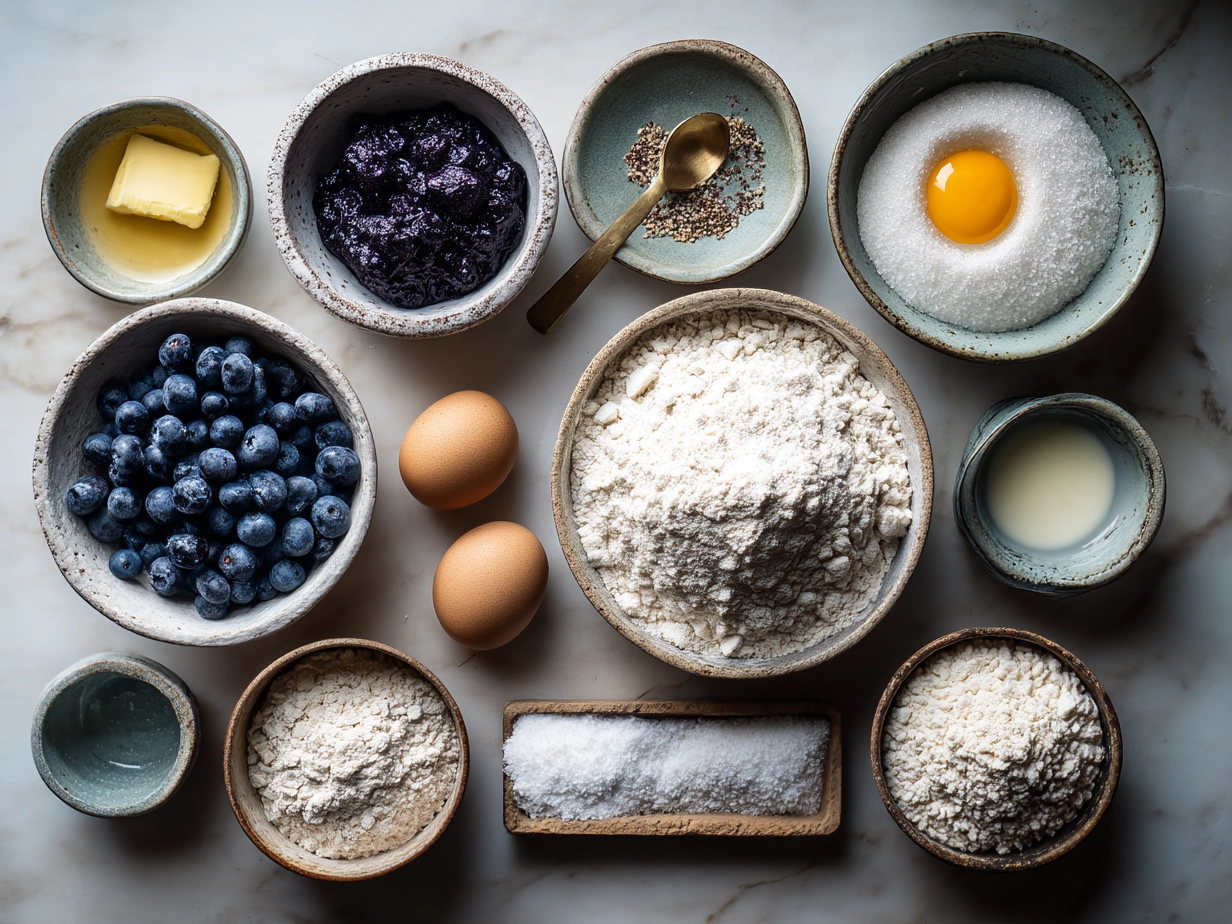 Ingredients for making homemade Blueberry Bagels including flour, blueberries, and yeast