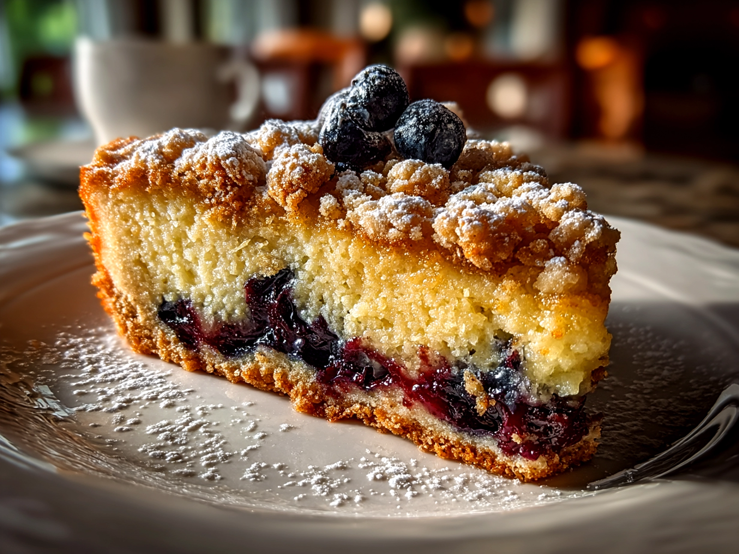 Slice of homemade Blueberry Crumb Cake on a plate ready to be served