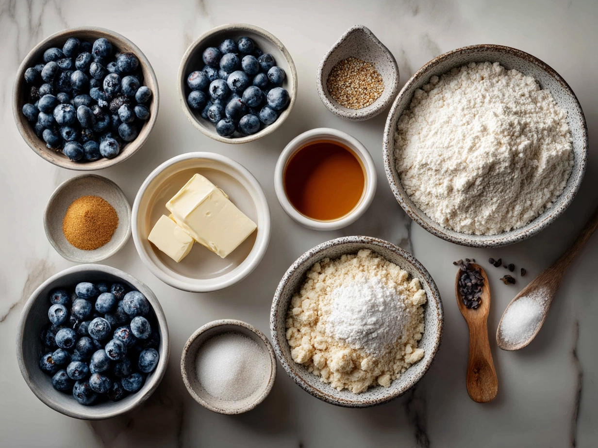 Ingredients laid out for making Blueberry Crumb Cake including flour, sugar, blueberries, butter, and spices