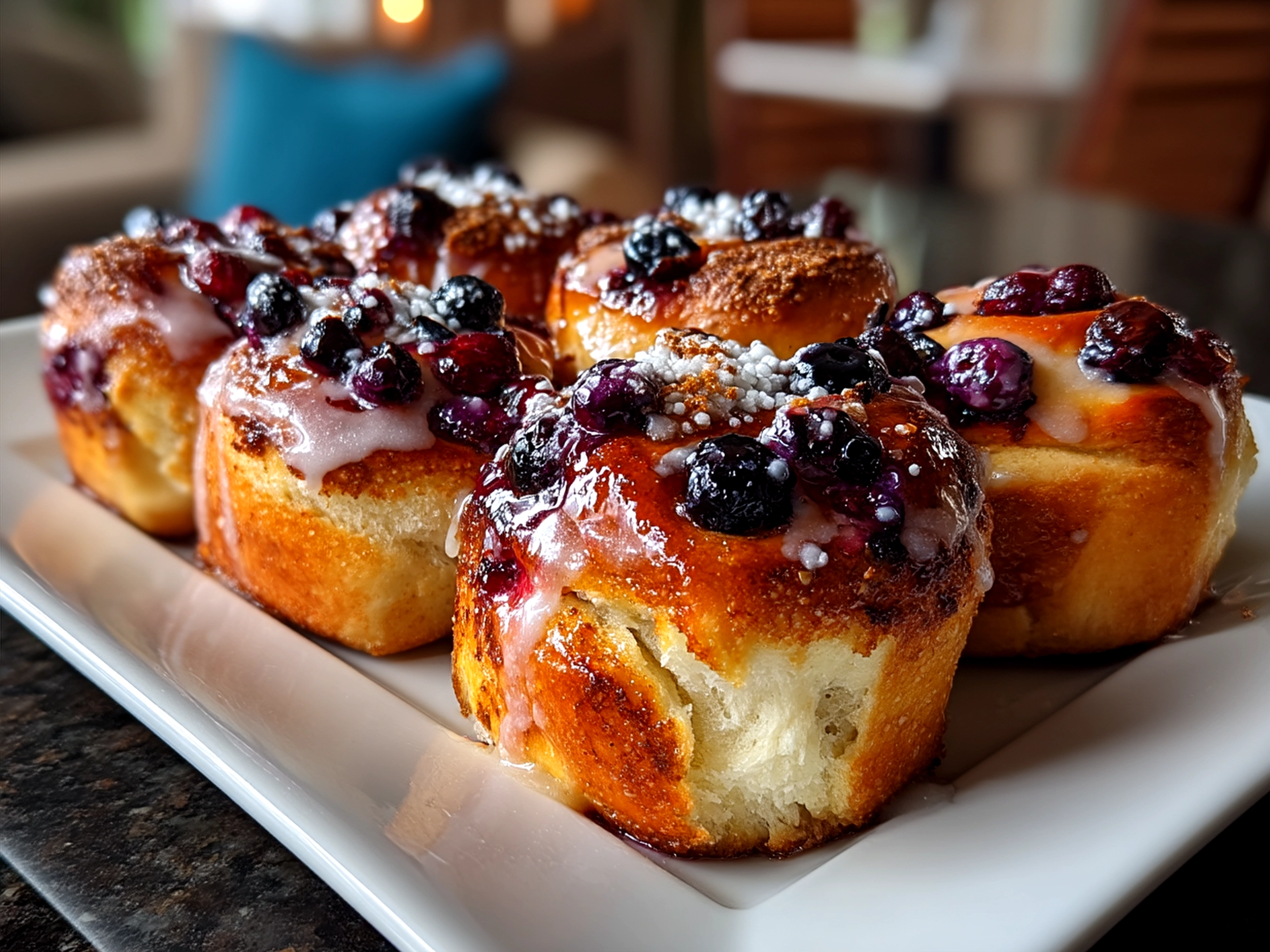 Close-up of freshly baked Blueberry Lemon Sourdough Sweet Rolls served warm