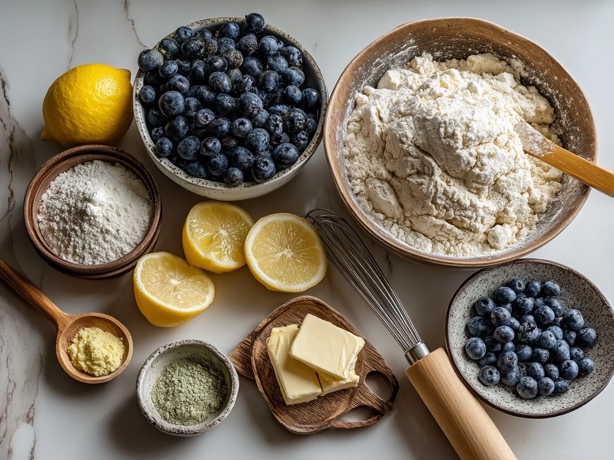 Ingredients layout for Blueberry Lemon Sourdough Sweet Rolls including flour, blueberries, lemon and sourdough starter