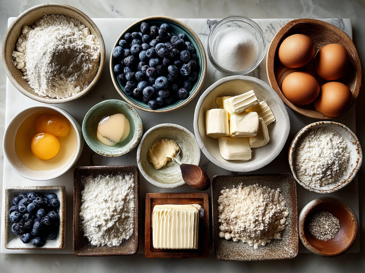 Ingredients for Blueberry Sour Cream Coffee Cake including sour cream, sugar, eggs, flour, blueberries, and optional crumb topping