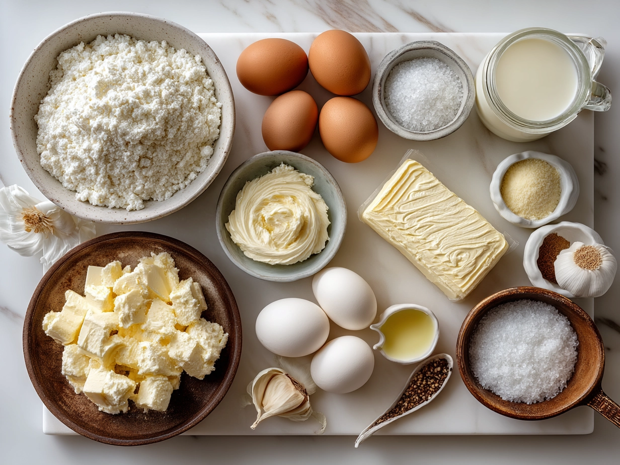 Ingredients for homemade Boursin Cheese laid out including cream cheese, goat cheese, garlic, herbs, and seasonings