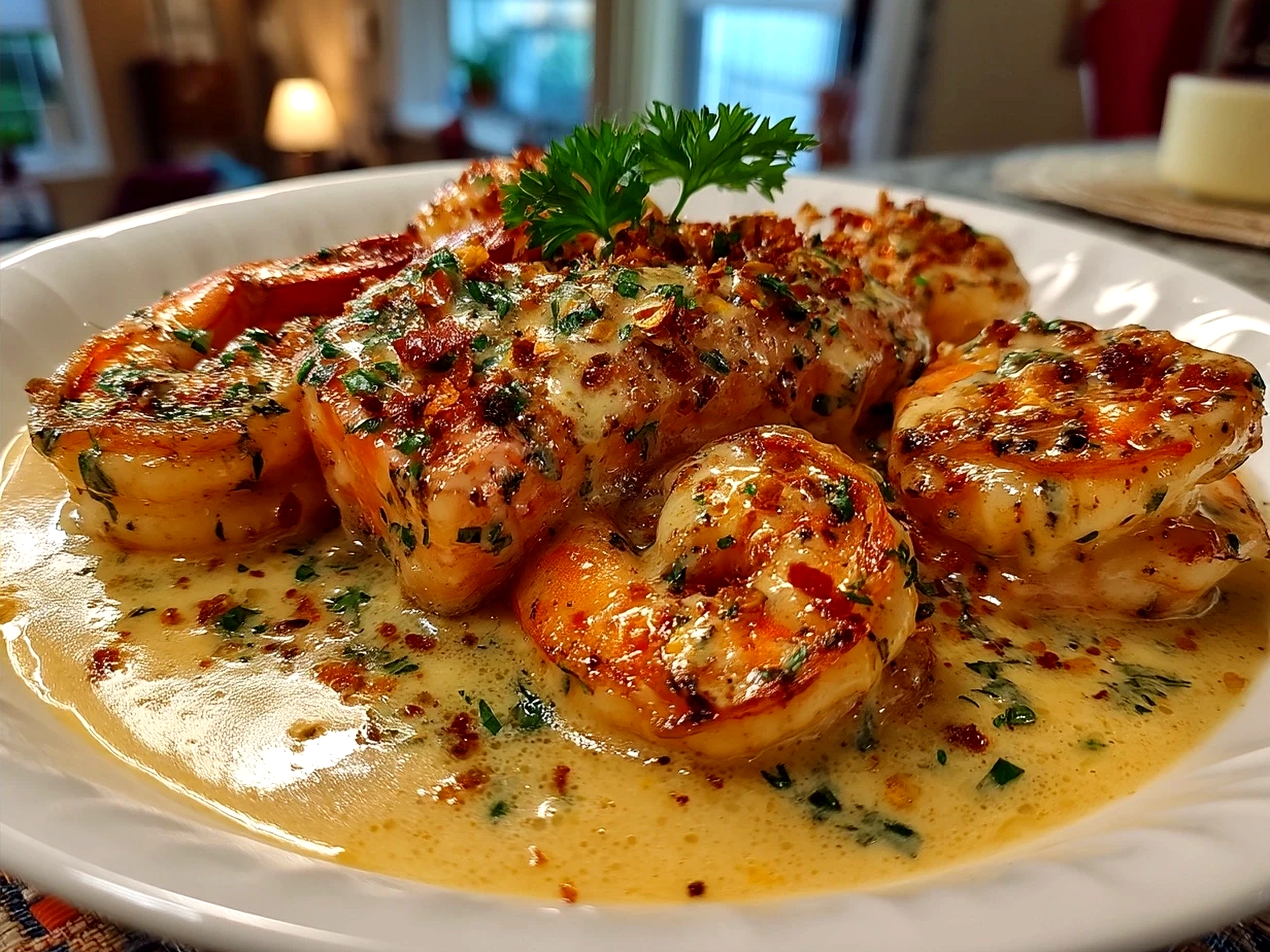 Serving of Cajun Shrimp and Salmon with Garlic Cream Sauce with cauliflower rice and garnish
