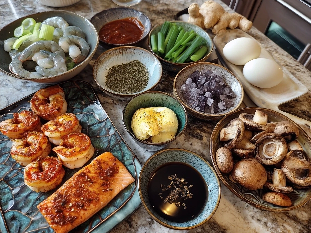 Ingredients for Cajun Shrimp and Salmon with Garlic Cream Sauce including shrimp, salmon fillets, olive oil, garlic, cream, lemon, and parsley