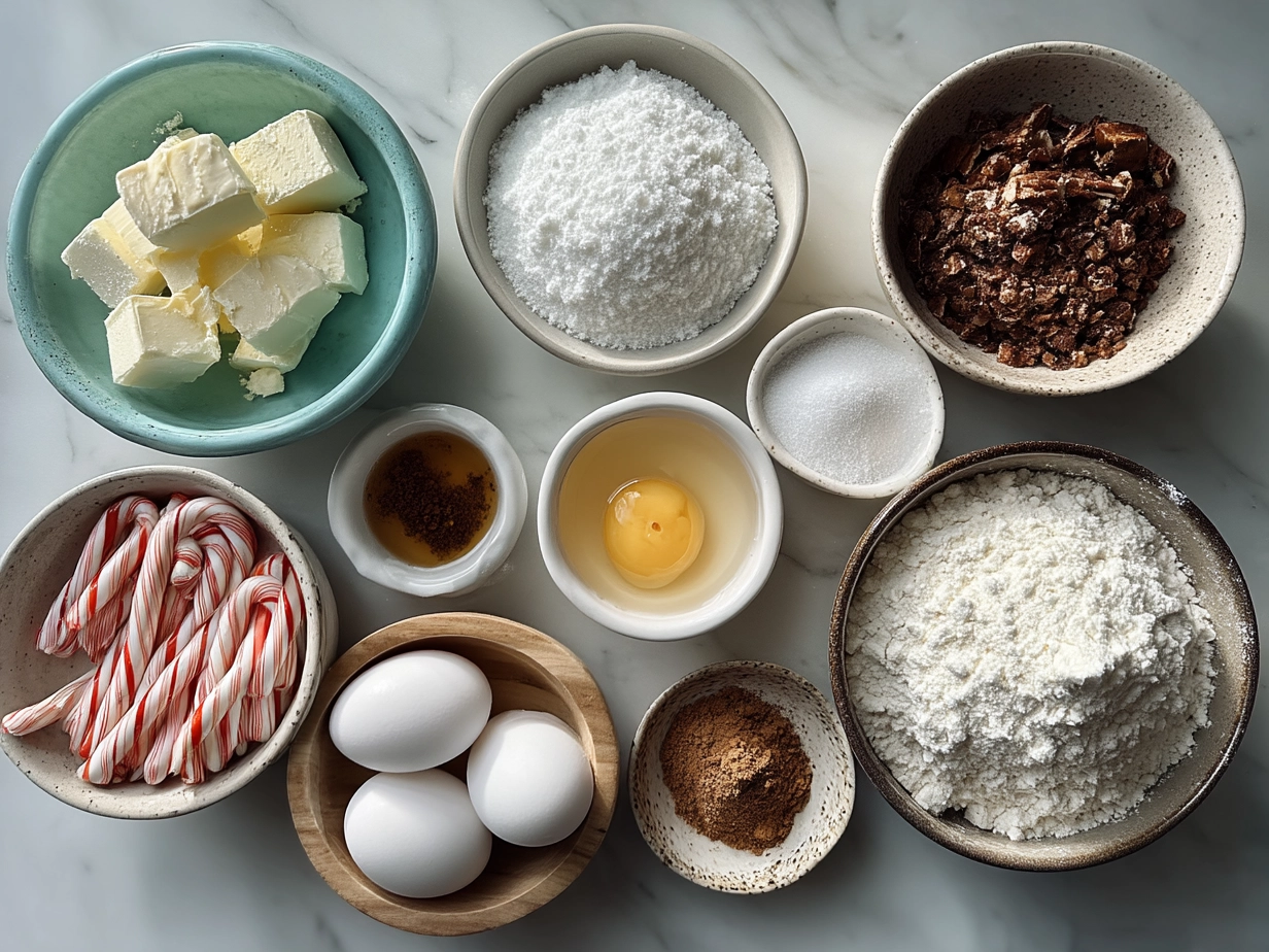 Ingredients for Candy Cane Cookies including flour, baking soda, butter, sugar, egg, and peppermint extract
