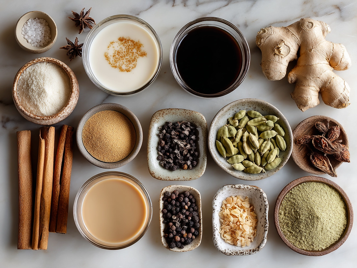 Ingredients laid out for making a nourishing chai tea latte