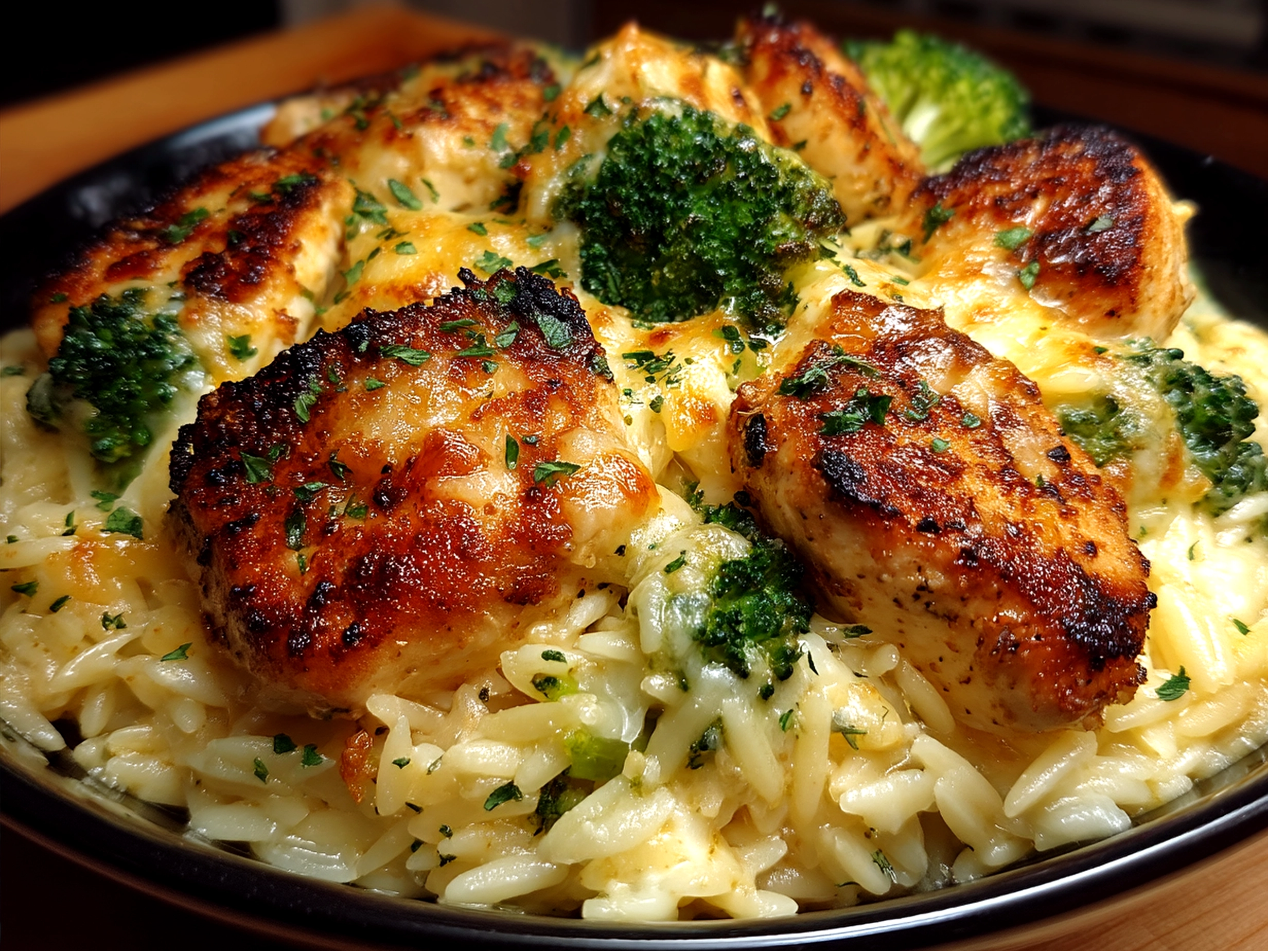 Serving of Cheesy Chicken Broccoli Orzo in a bright bowl ready to eat