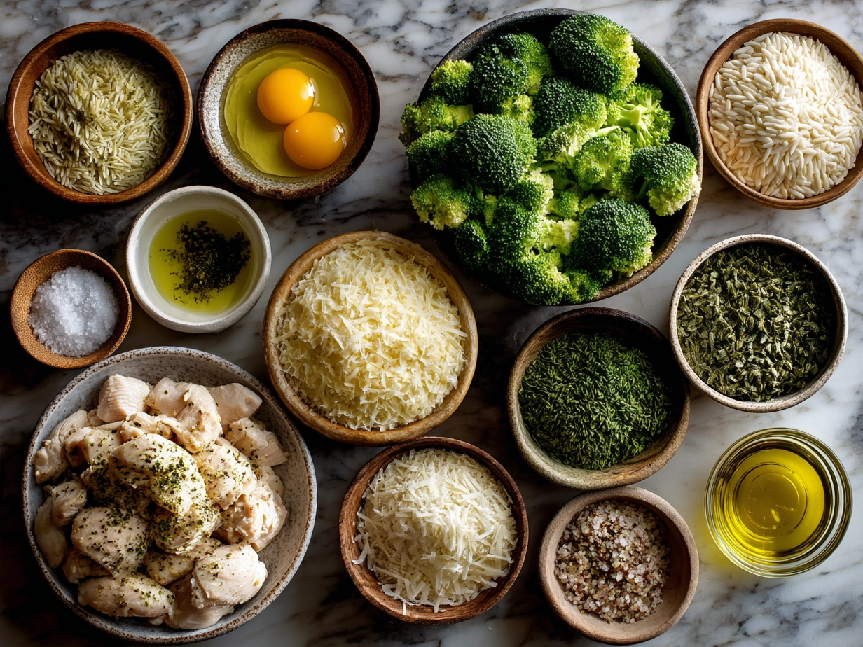 Ingredients for Cheesy Chicken Broccoli Orzo laid out on a kitchen counter