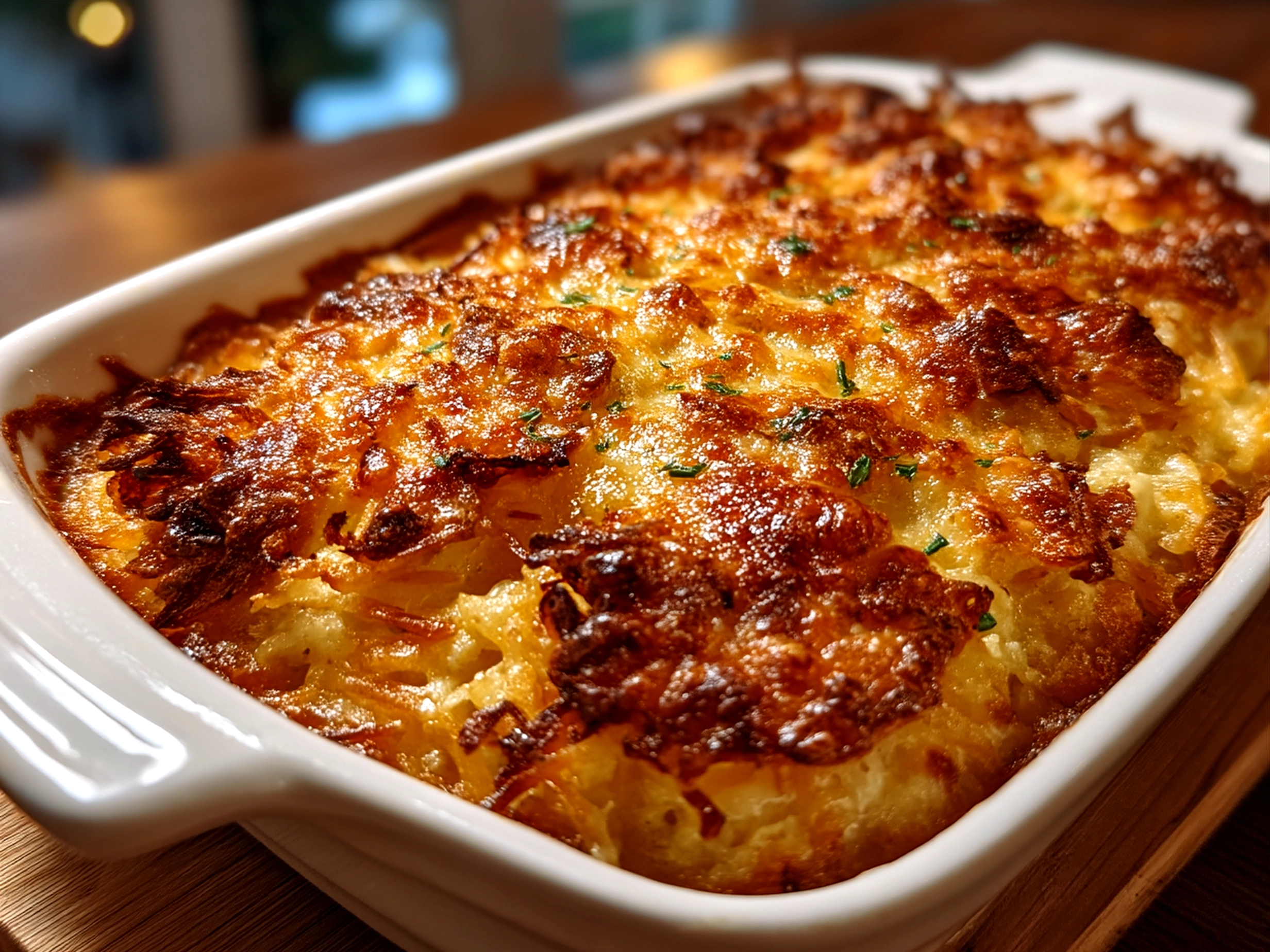 Baked Cheesy Funeral Potatoes with Hashbrowns ready to serve