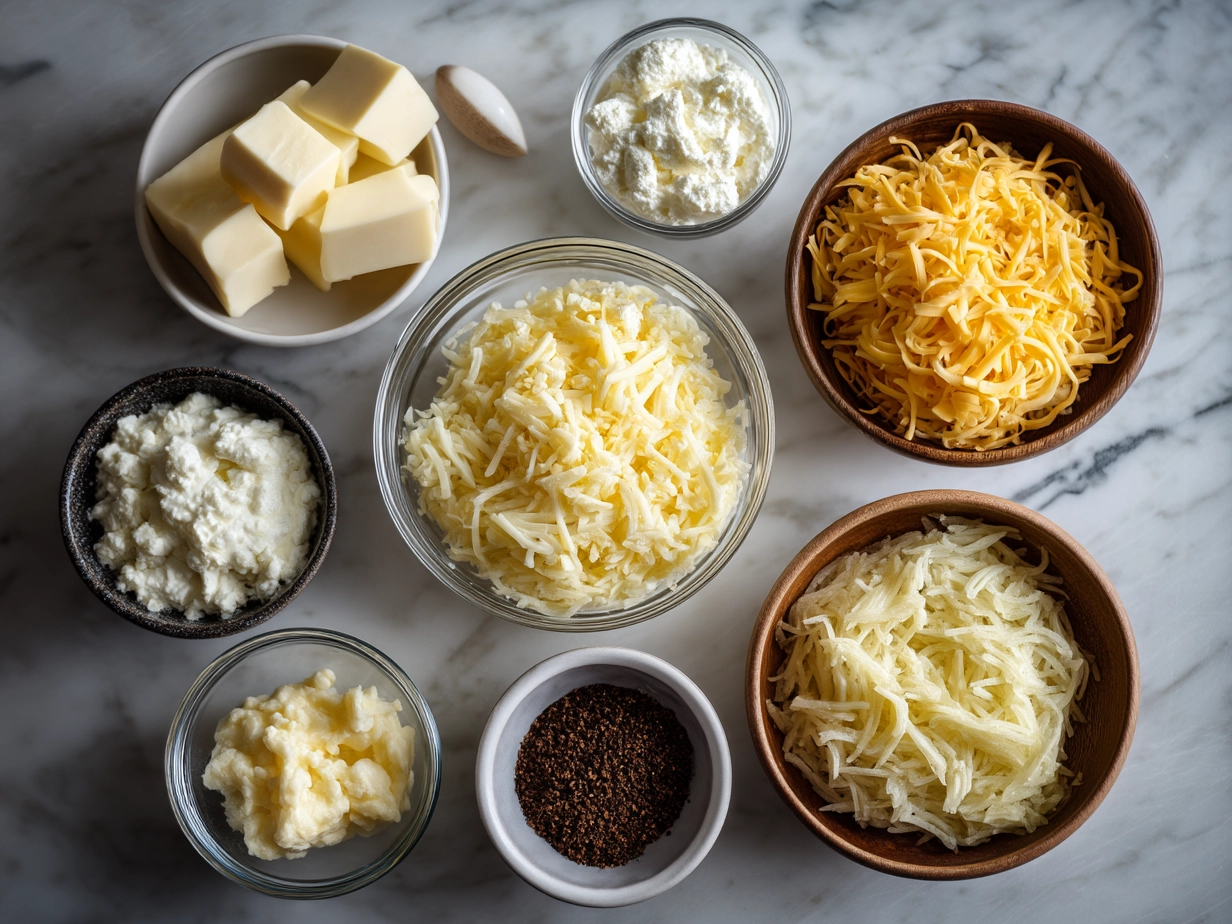 Ingredients for Cheesy Funeral Potatoes with Hashbrowns including shredded hashbrowns, cheddar cheese, soup, sour cream, onions, and butter