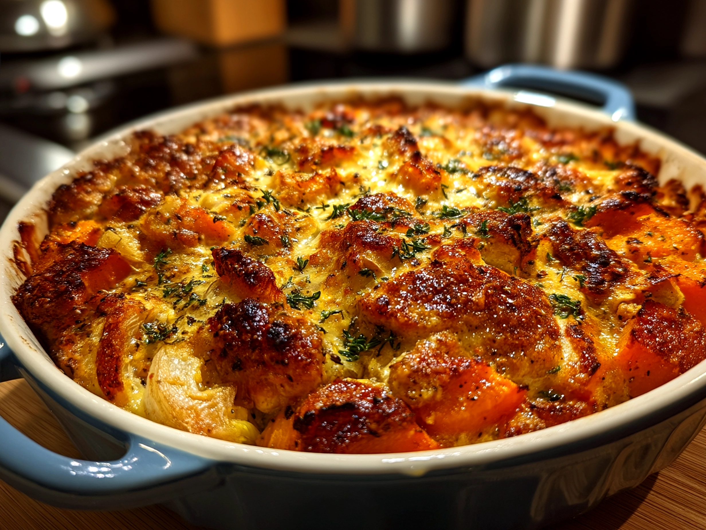 Served chicken leek and butternut squash bake with side salad