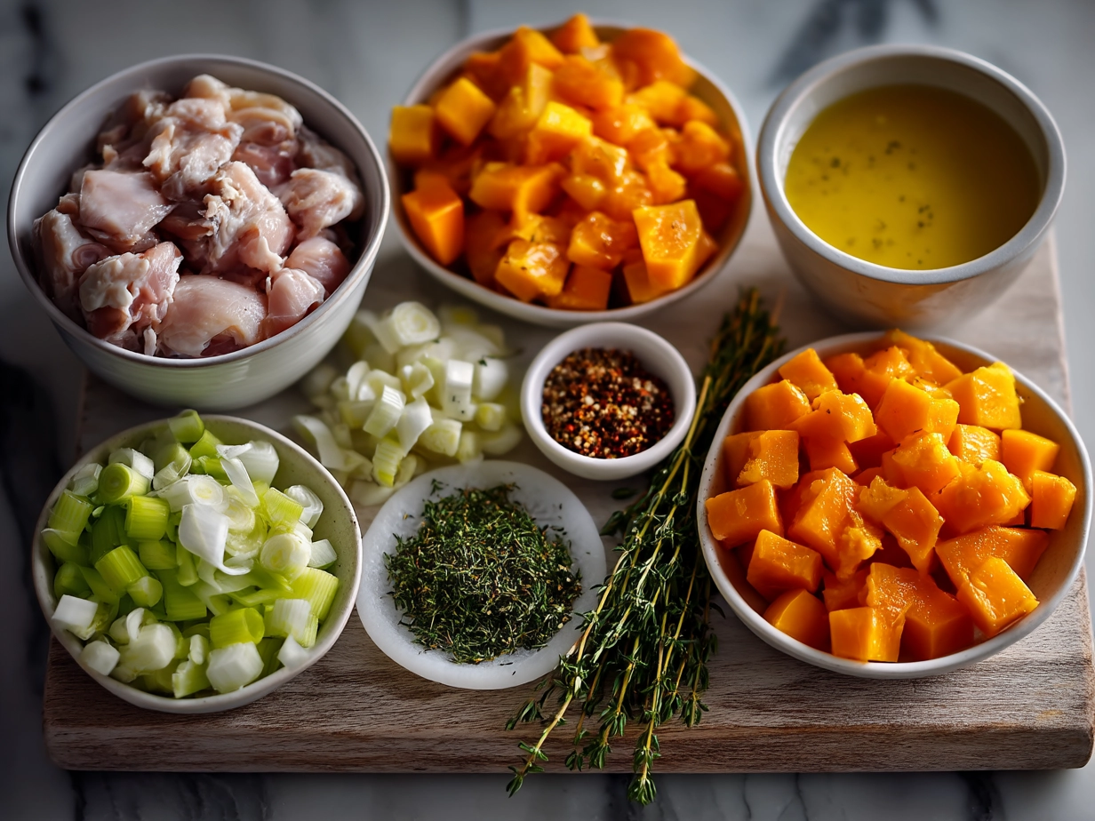 Ingredients for chicken leek and butternut squash bake