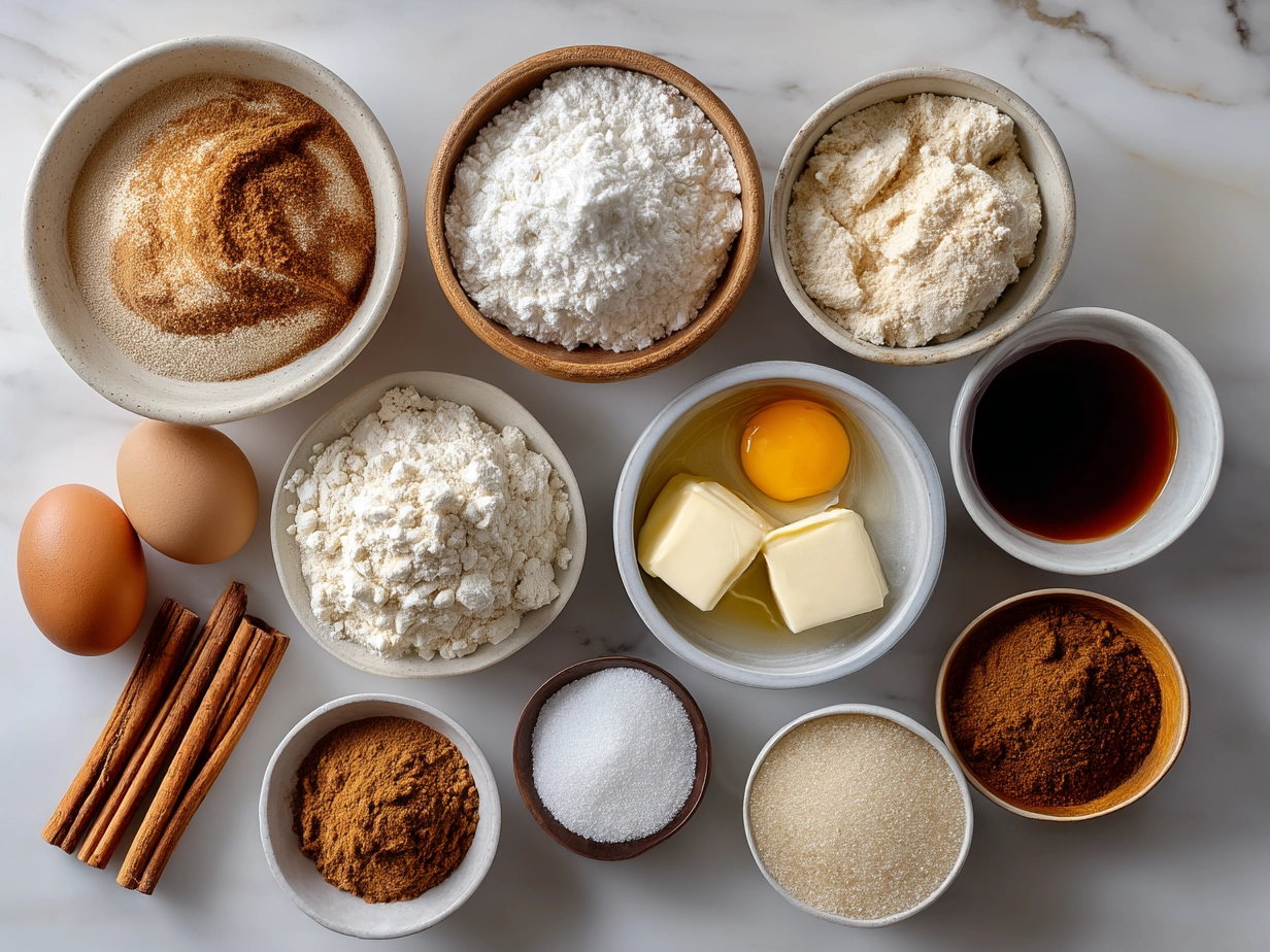 Ingredients for Cinnamon Roll French Toast laid out on a kitchen counter including cinnamon, eggs, milk, bread, and spices