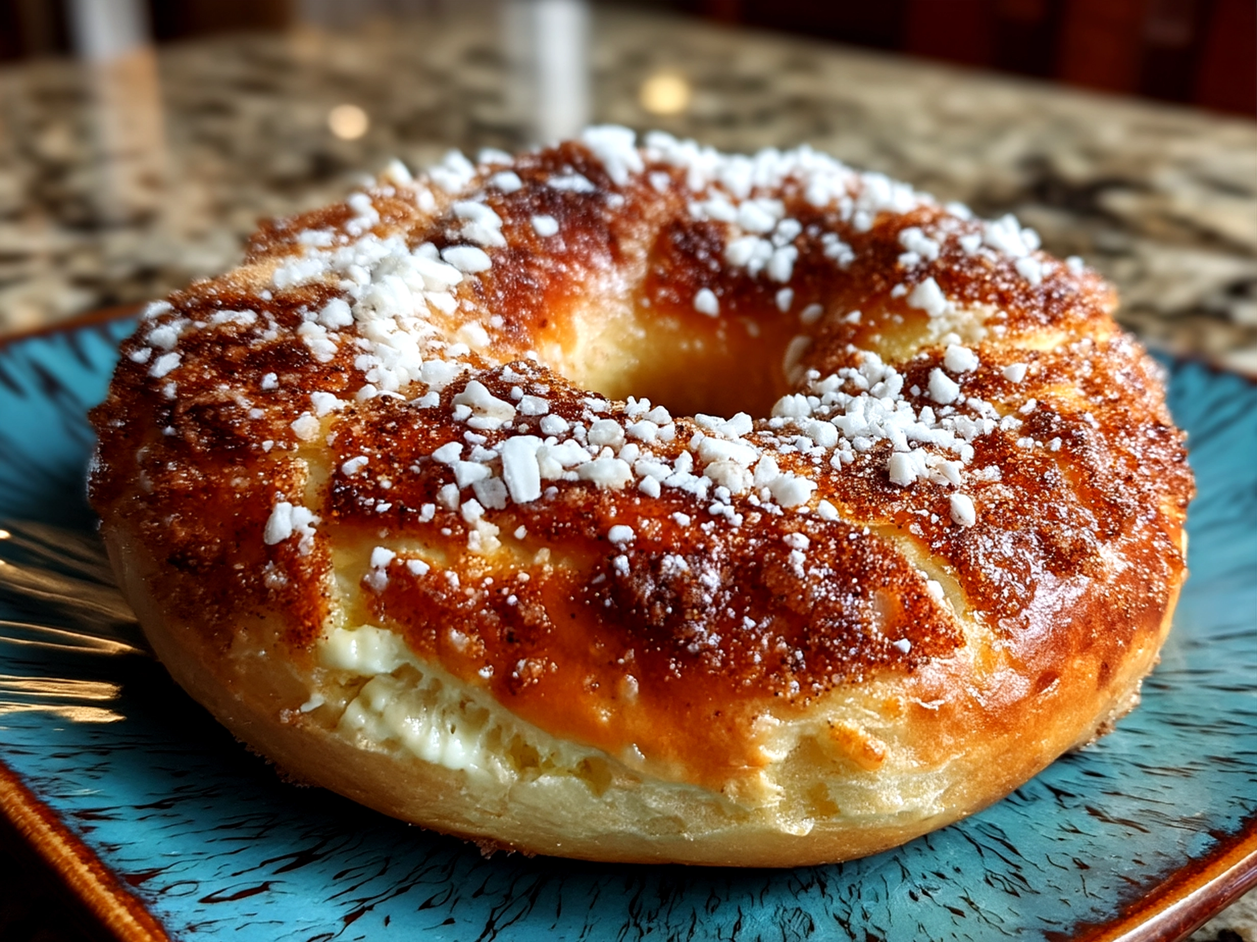 Freshly baked cinnamon sugar bagels served with yogurt and berries