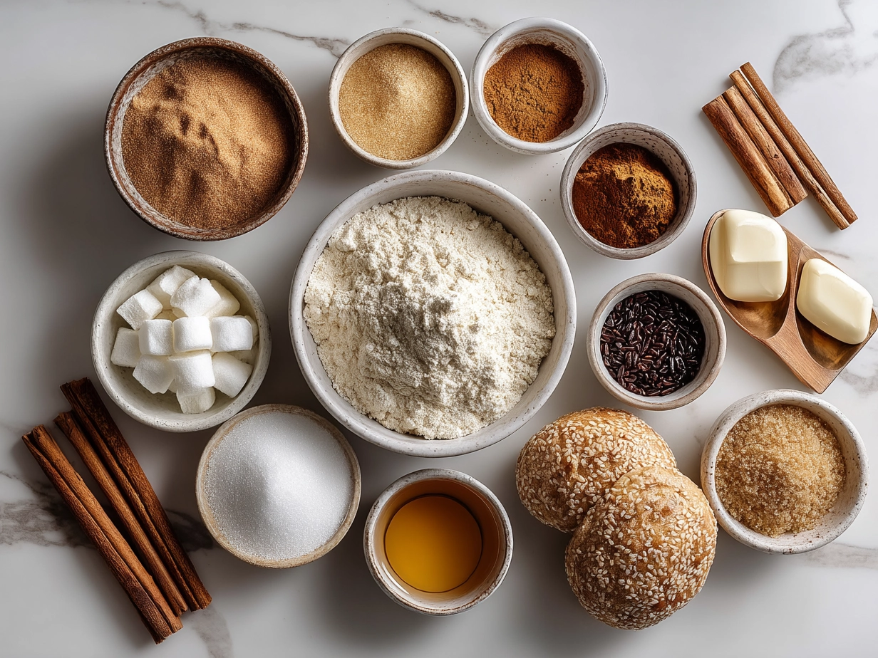 Ingredients for Cinnamon Sugar Bagel including flour, cinnamon, sugar, yeast, honey, and butter