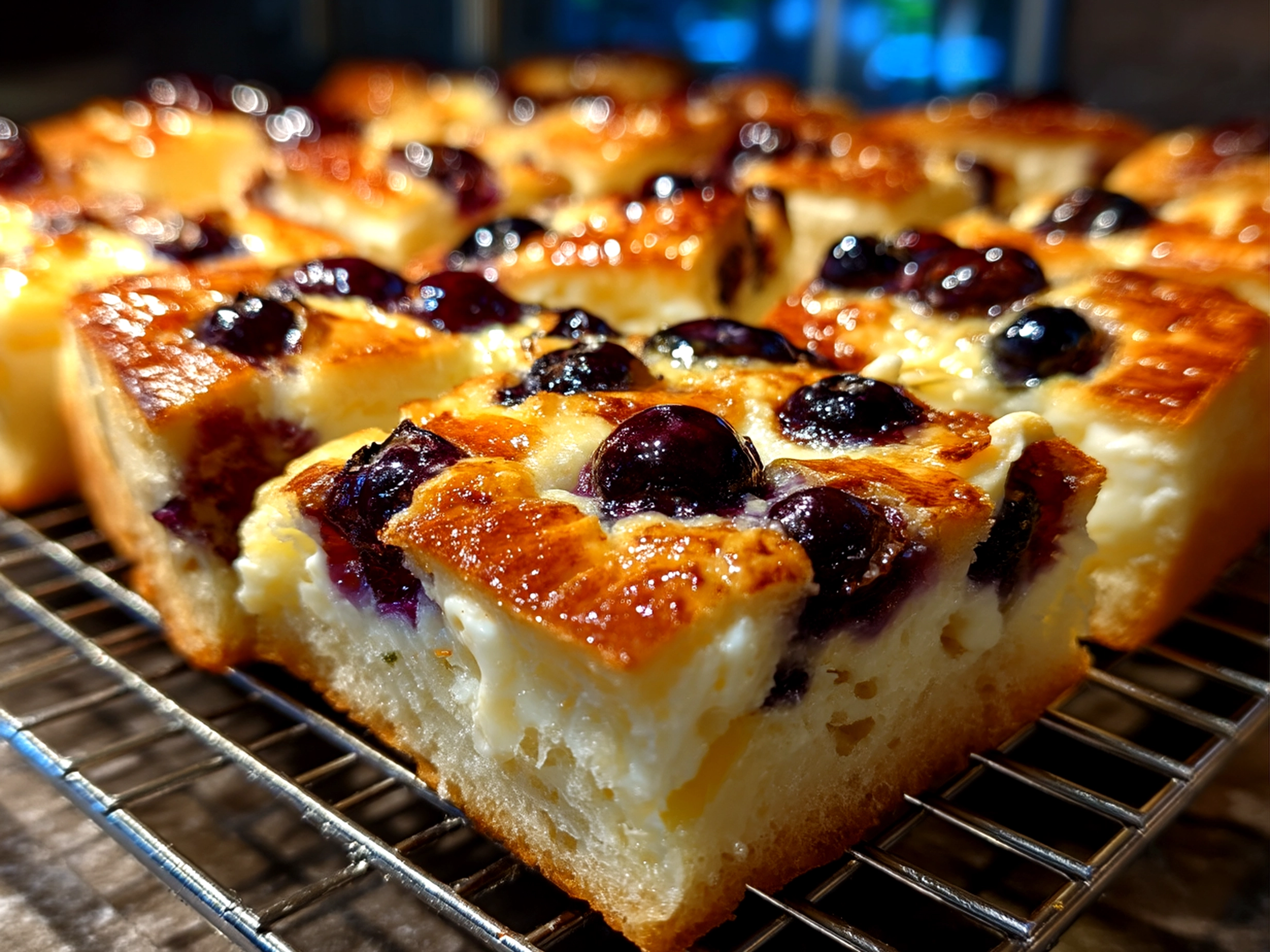 Close-up of finished Blueberry Cheesecake Danish Sourdough Focaccia with fresh garnish