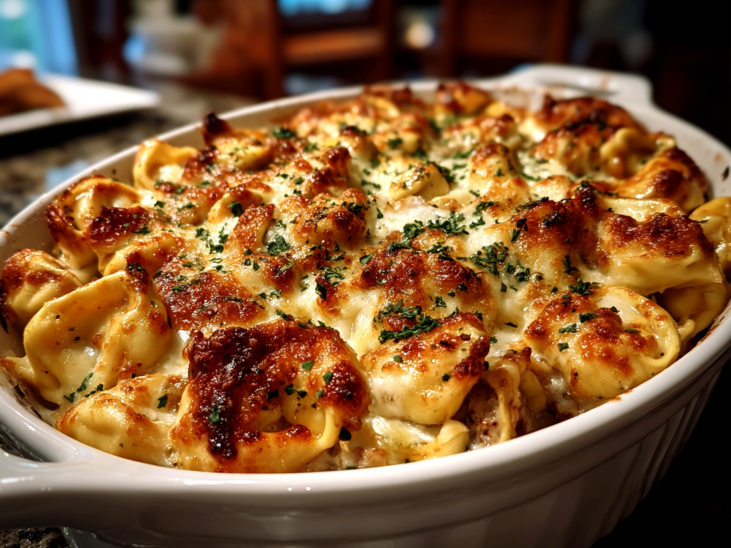 Close up of finished Crock Pot Cheesesteak Tortellini served in a bowl