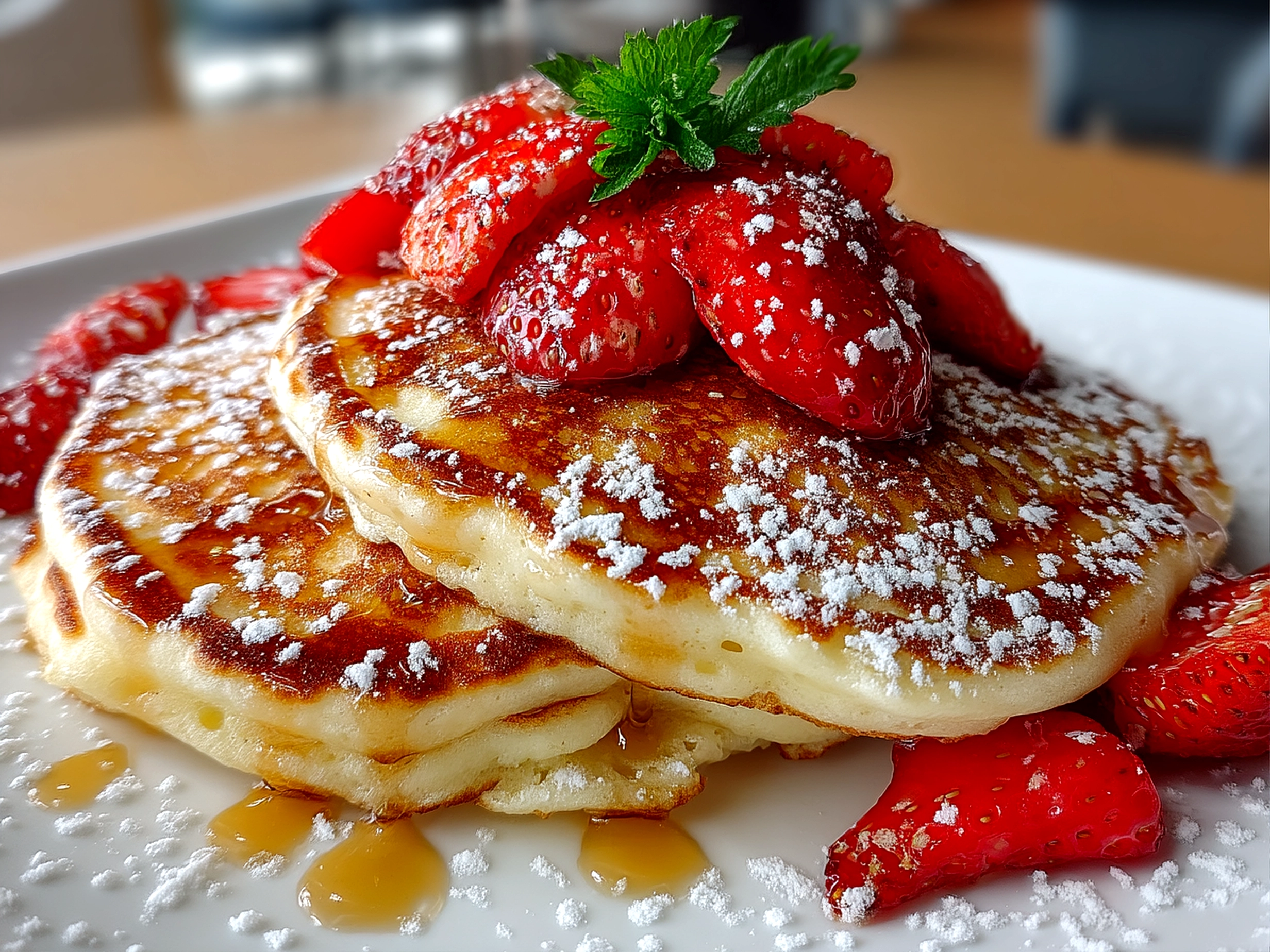Close-up of a stacked plate of finished fluffy pancakes