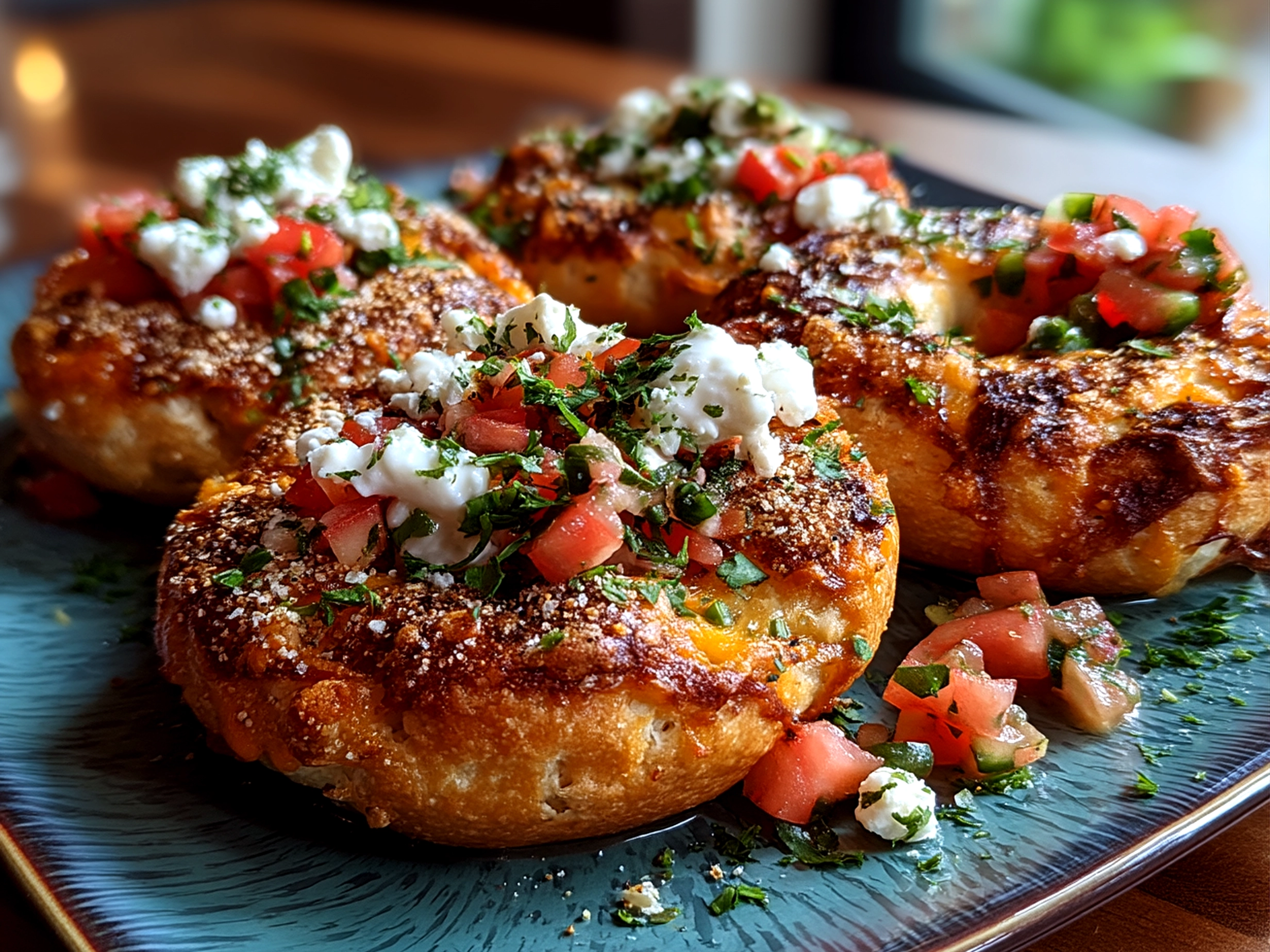 Close-up of finished Jalapeño Cheddar Protein Bagels served with Greek Yogurt Salsa