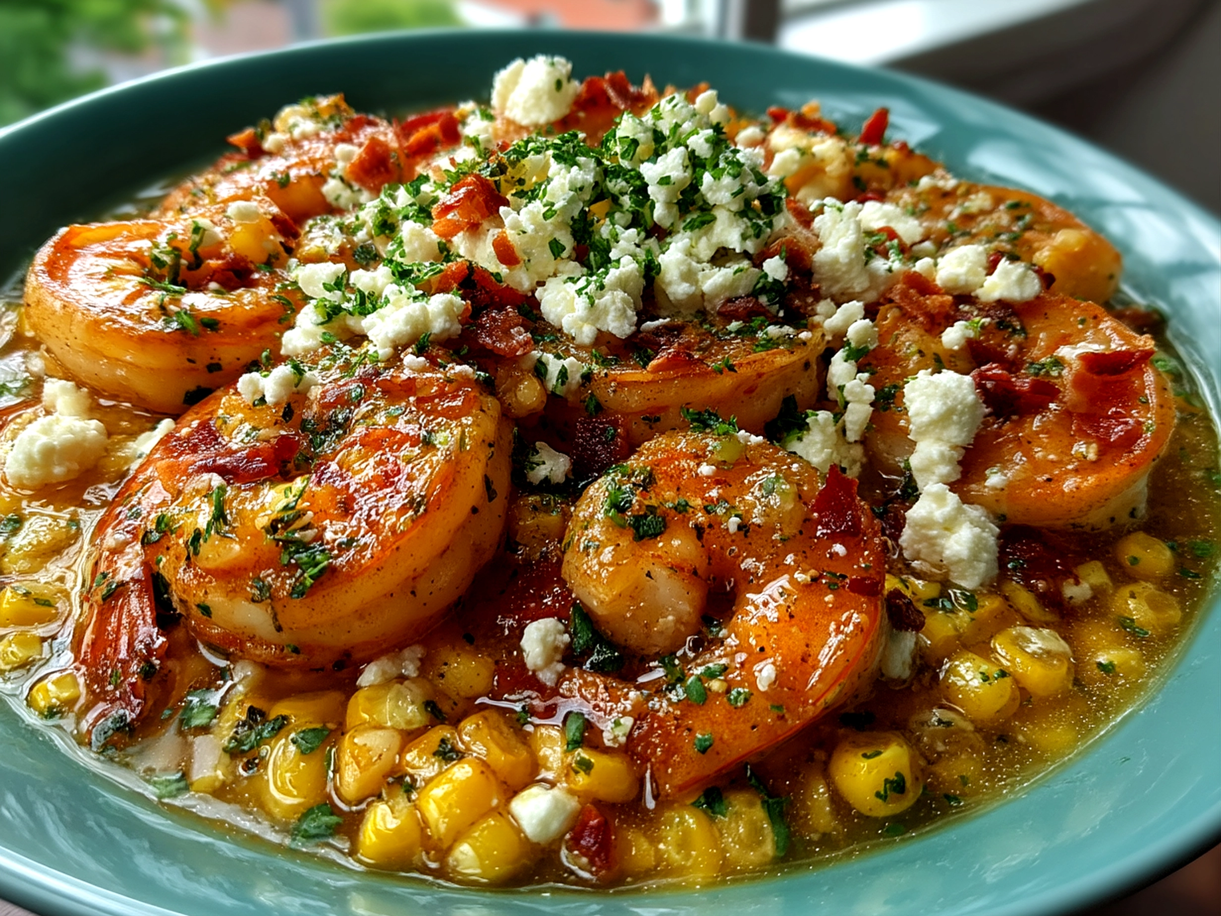 Close-up of finished Shrimp with Creamed Corn Feta served in a bowl