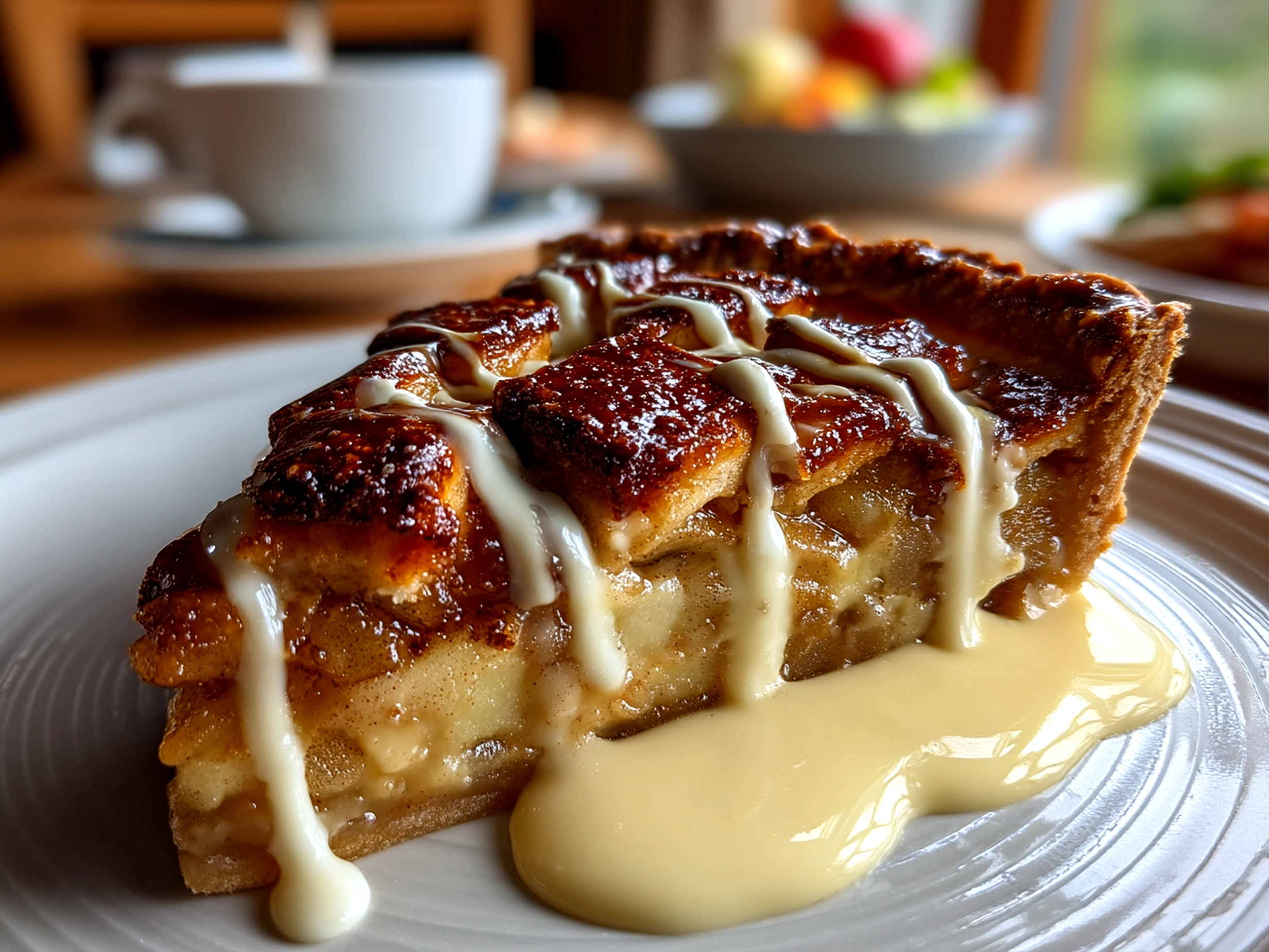 Close-up of a slice of Toffee Apple Pie with Creamy Custard drizzled on top, ready to serve