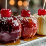 Close-up homemade candy apples on white plate