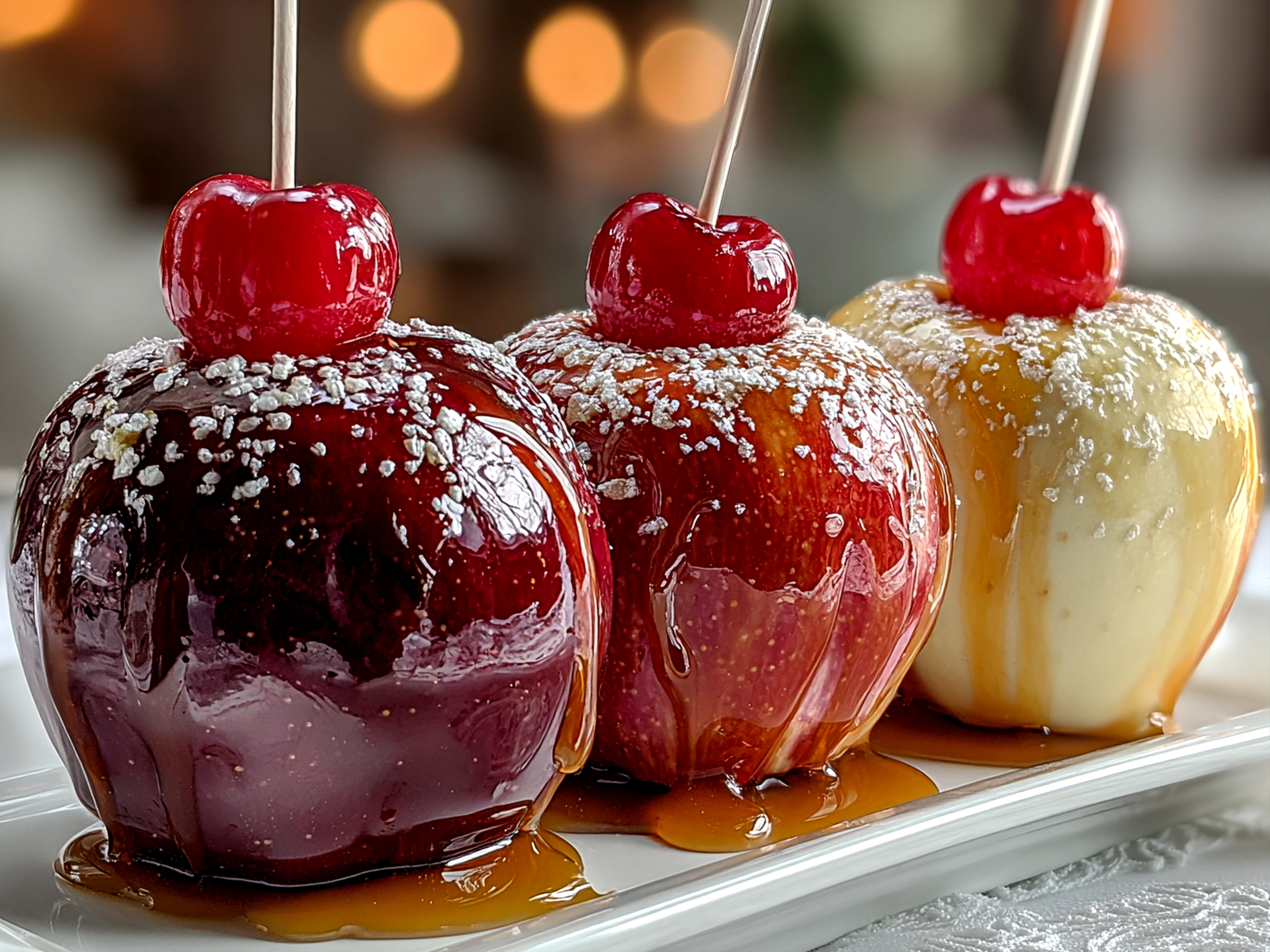 Close-up homemade candy apples on white plate