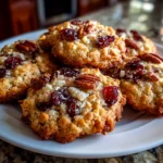 Close-up of freshly baked oatmeal cranberry pecan cookies