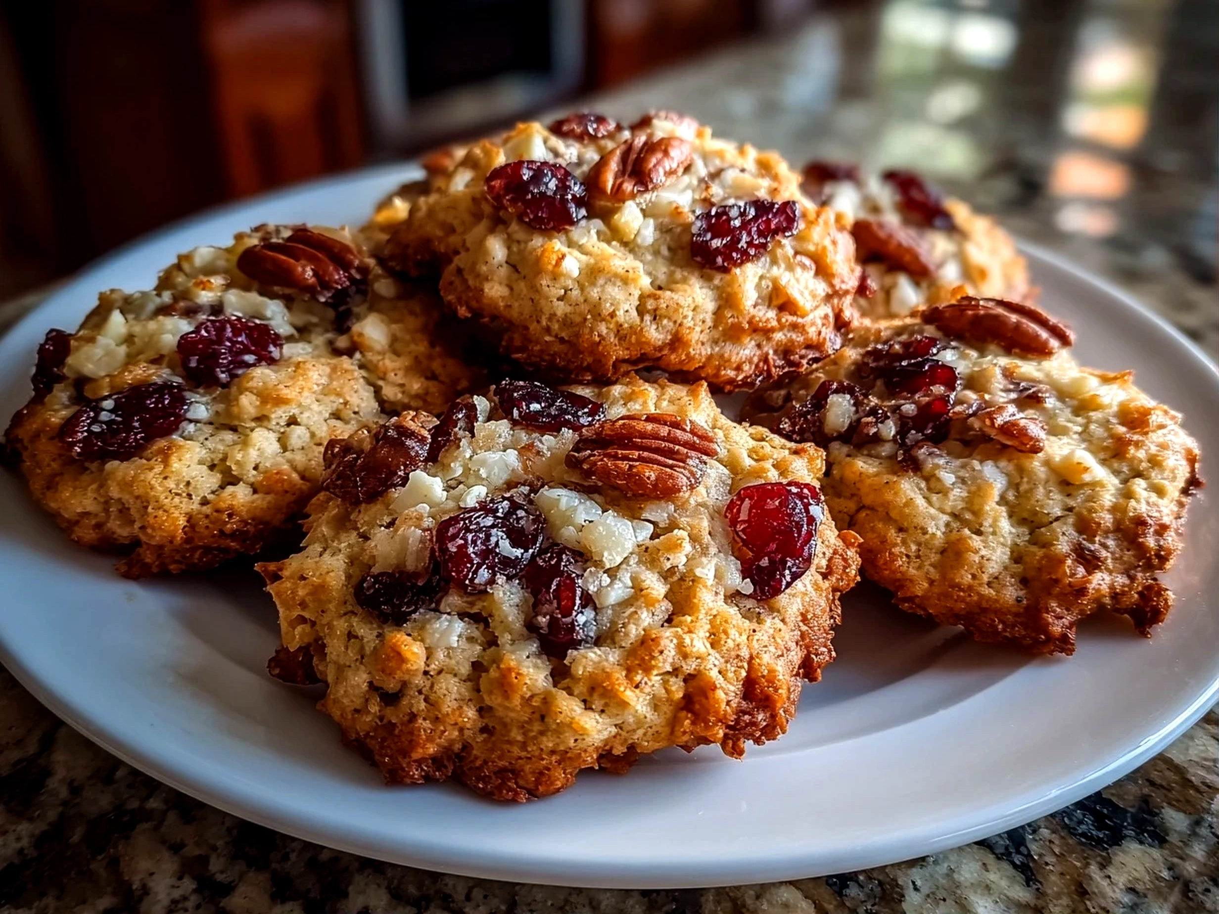 Close-up of freshly baked oatmeal cranberry pecan cookies