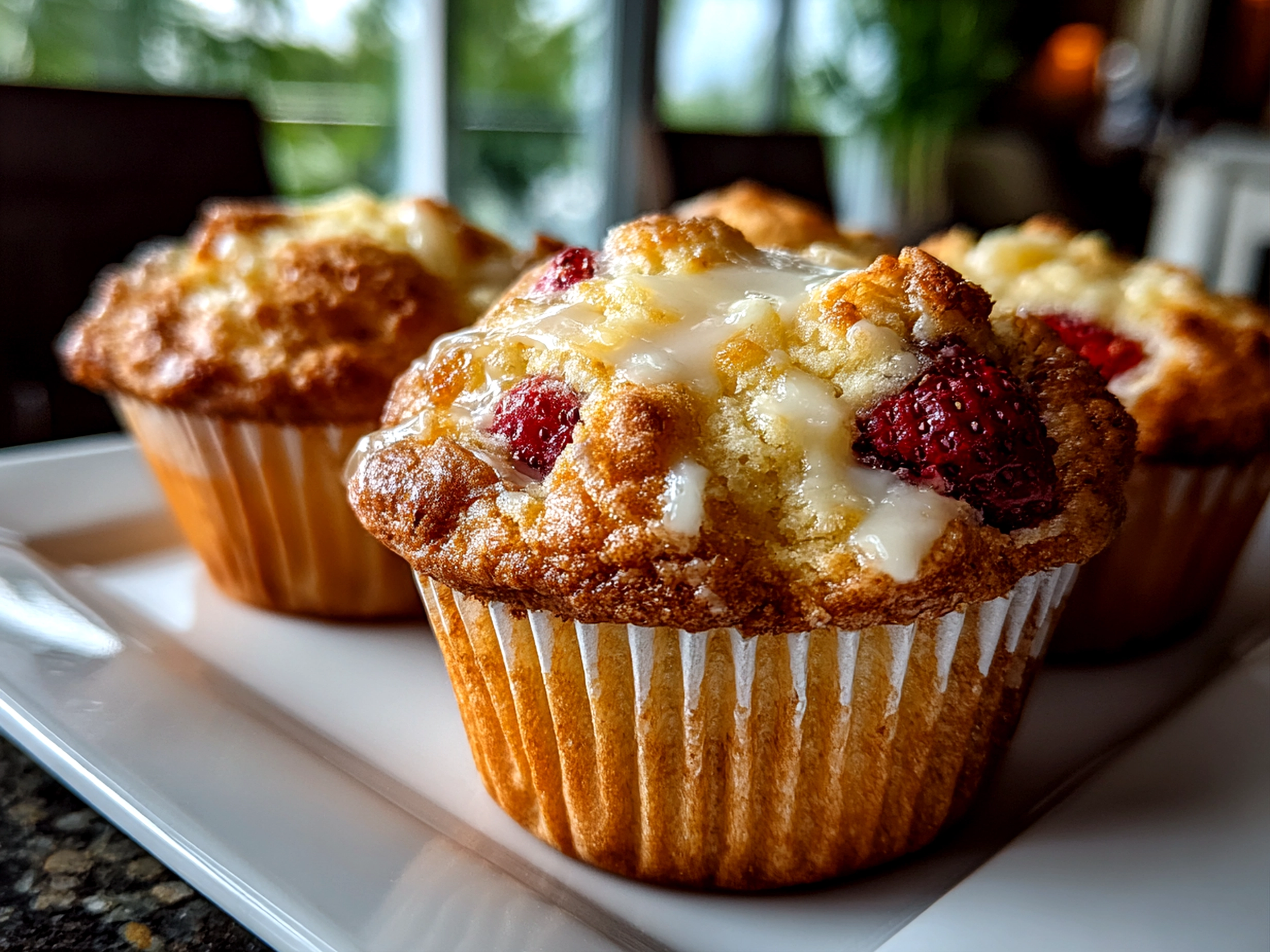 Close-up of freshly baked Strawberry White Chocolate Muffins