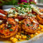Close-up of freshly prepared Shrimp with Creamed Corn Feta on white plate